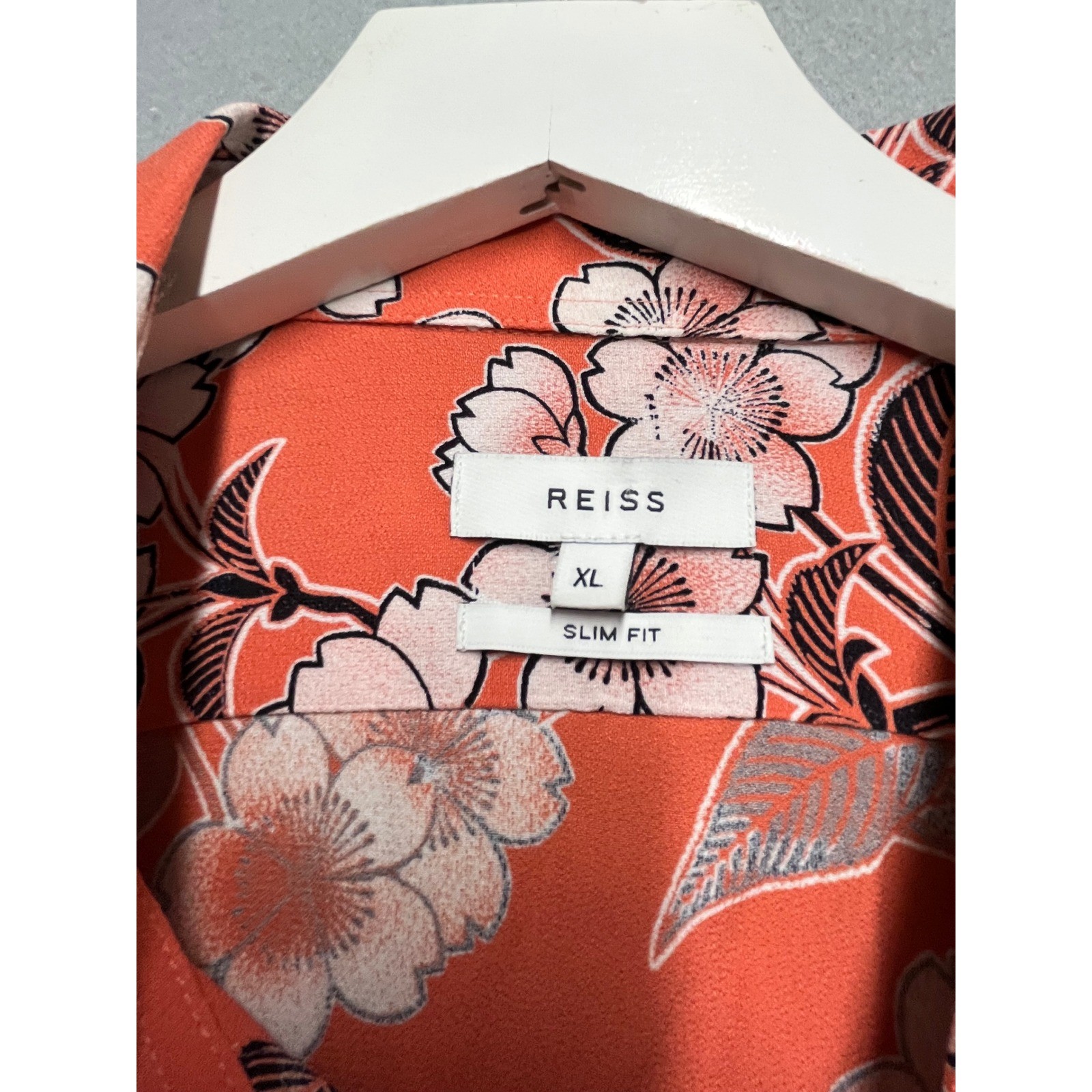 Reiss Freddie Mens XL Slim Fit Floral Long Sleeve Button Down Shirt Coral Orange