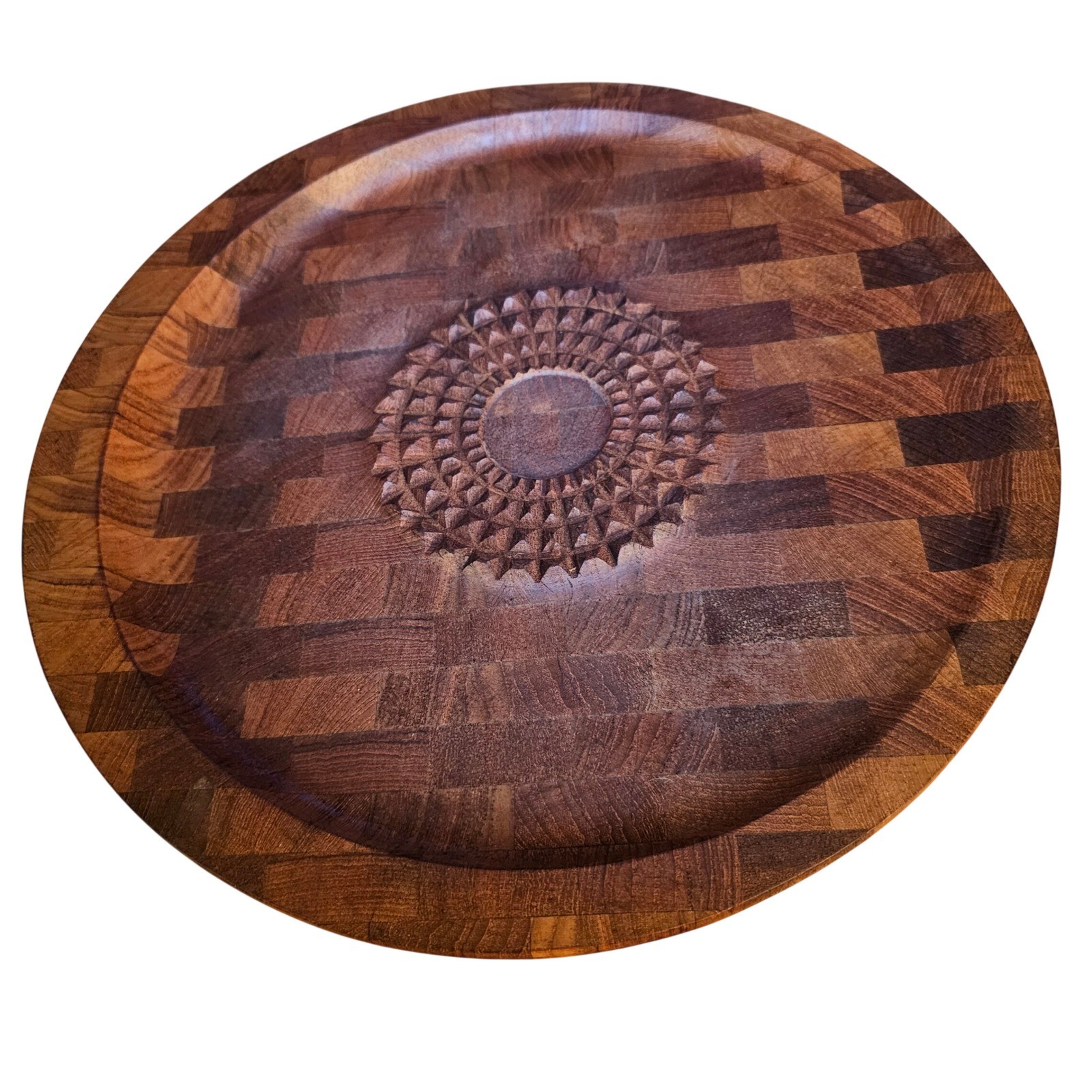 Vintage Digsmed Denmark Teak Serving Tray 1964 Carved Sunburst MCM Butcher Block