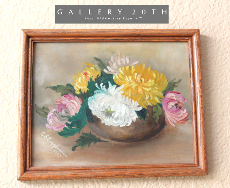WOW 1927 ORIG FLOWERS OIL PAINTING CHRYSANTHEMUMS STILL LIFE VTG ART DECO MCM