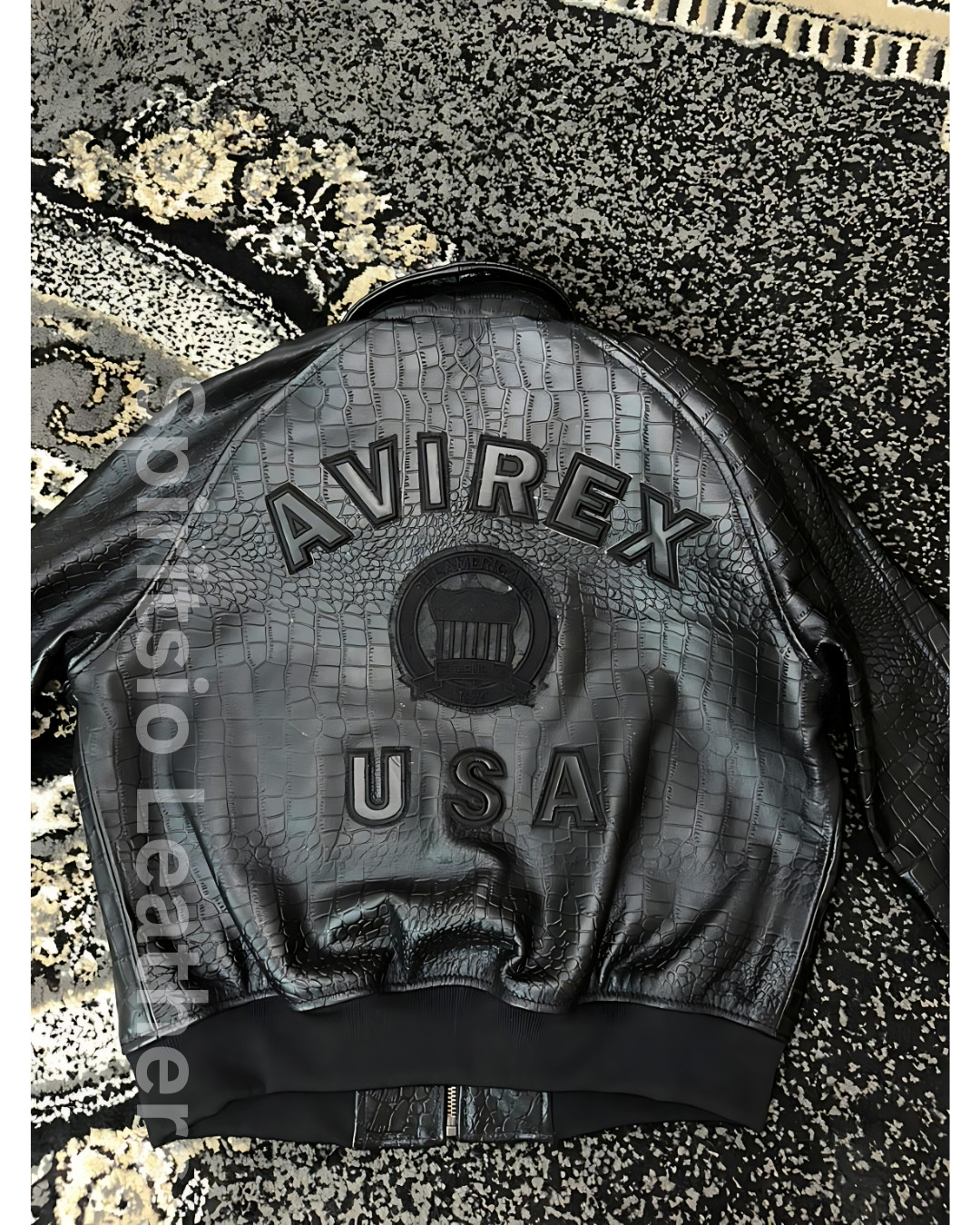 AVIREX Men's Black Crocodile Embossed Leather Varsity Bomber Jacket USA
