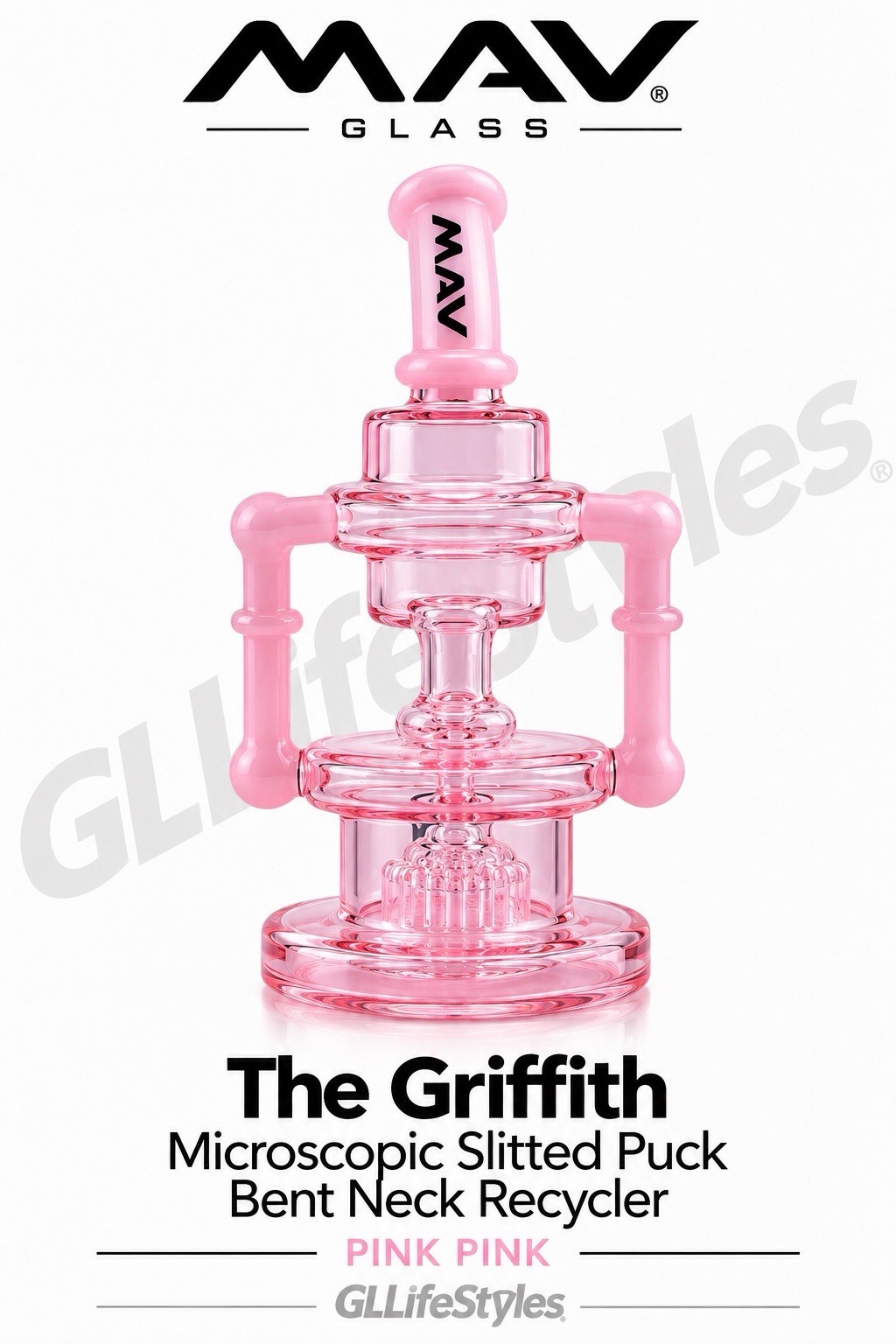 MAV GLASS The Griffith Microscopic Slitted Puck Bent Neck Recycler COLOR PINK MAV GLASS The Griffith Microscopic Slitted Puck Bent Neck Recycler COLOR PINK
