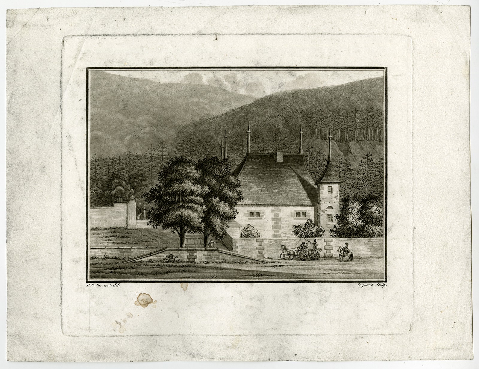 Antique Print-LANDSCAPE-CASTLE-MANOR HOUSE-FOREST-Vasserot-Coqueret-ca. 1800