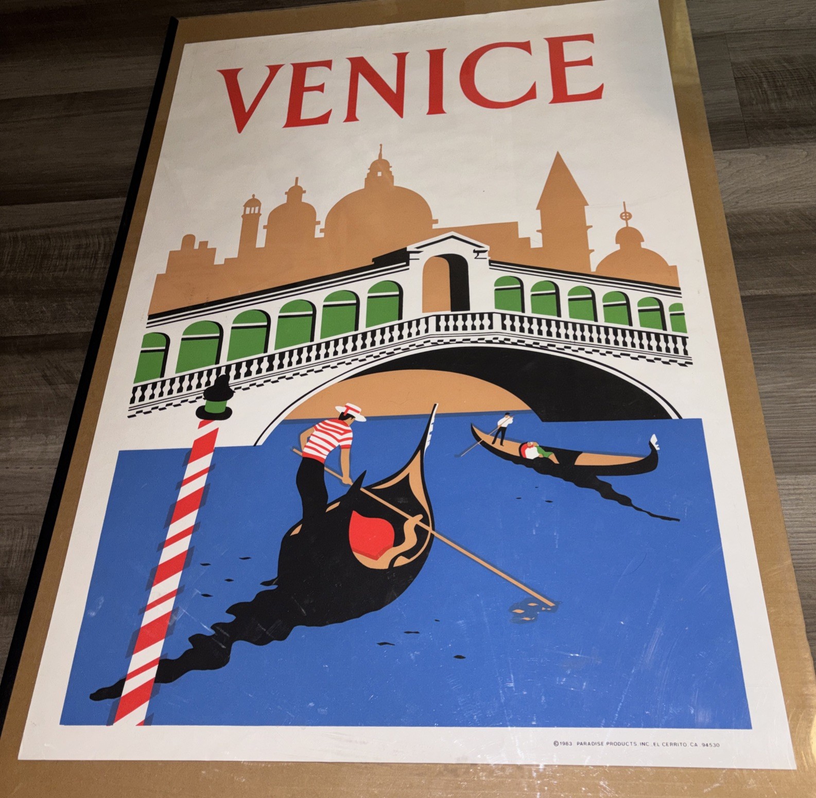 Vintage 1983 Venice Tourism Travel Art Poster Boats Canal Bridge 32x22