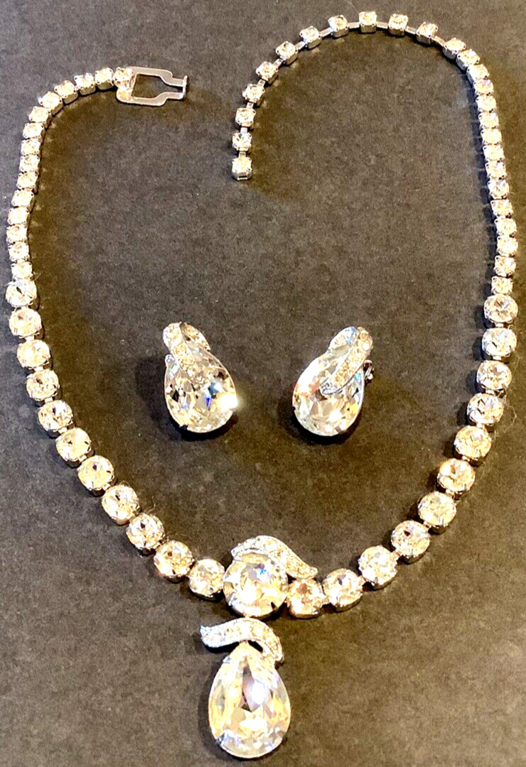 Signed EISENBERG ICE Necklace & Earrings SET w/ Big Center DROP Vintage Signed EISENBERG ICE Necklace & Earrings SET w/ Big Center DROP Vintage