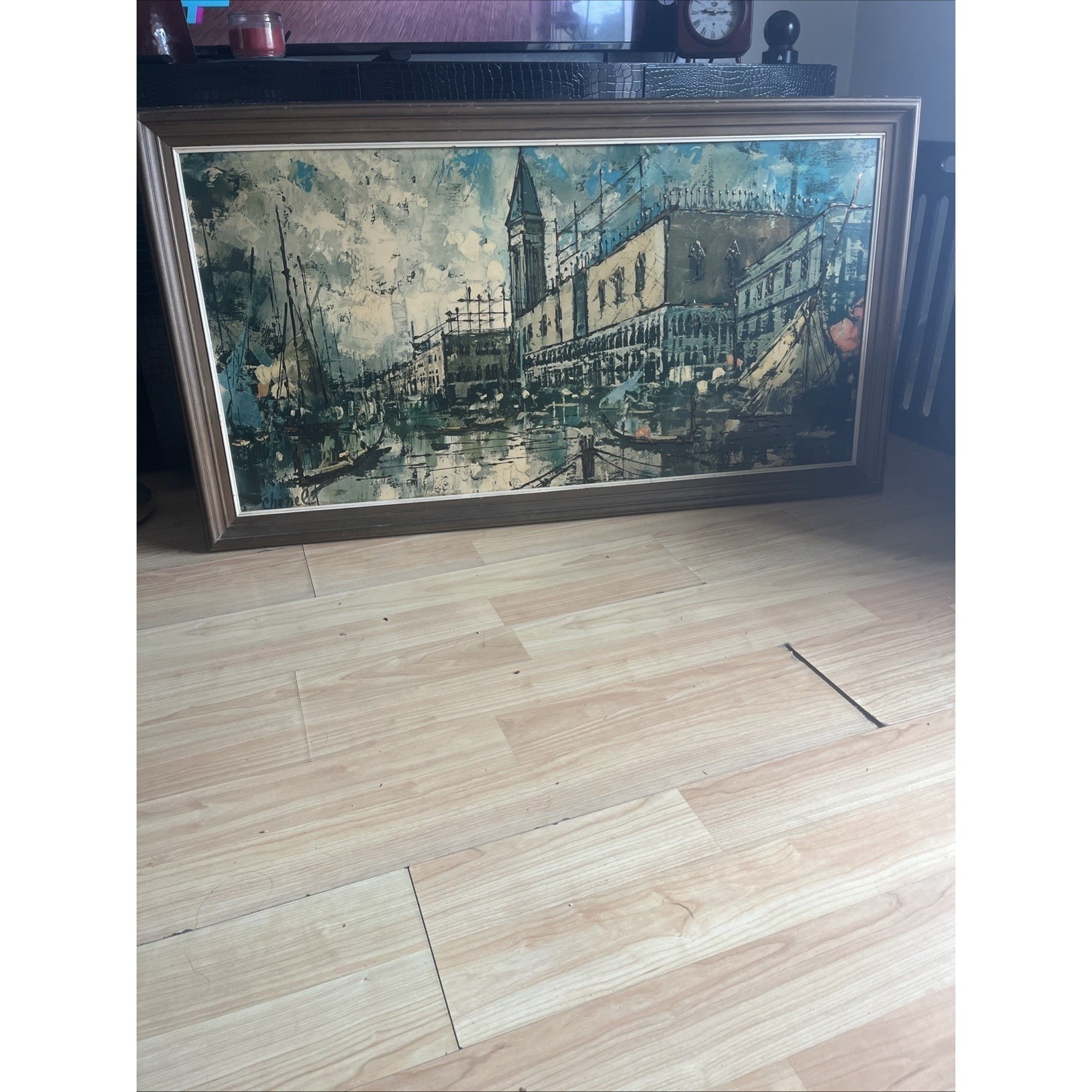 Vintage Rene Chanel Oil Painting Venice Italy Canal Cityscape Framed Mid Century