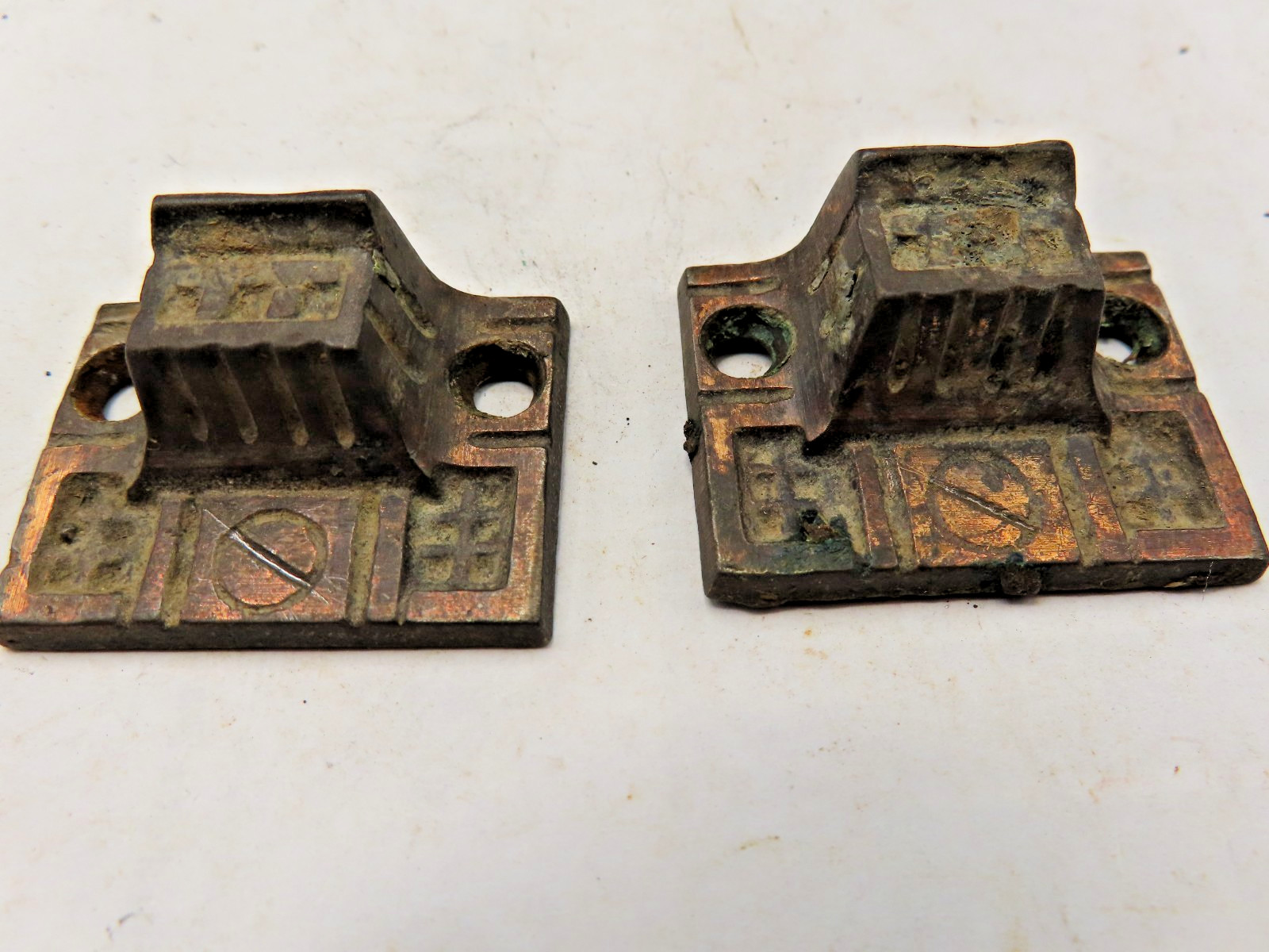 SALVAGED PAIR ANTIQUE DECORATED CAST IRON KEEPER CATCH 1-5/16