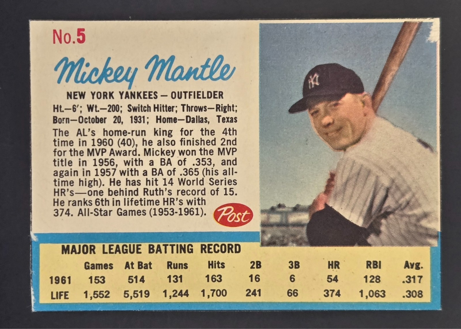 1962 Post - Mickey Mantle #5 Rare Post Logo on Back; Stats in Yellow Box EX