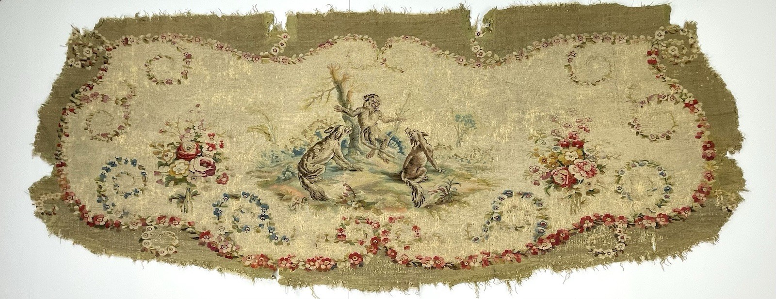 Antique French Aubusson Tapestry Sofa Panel Pastoral Animal Fable Scene 78”x31”