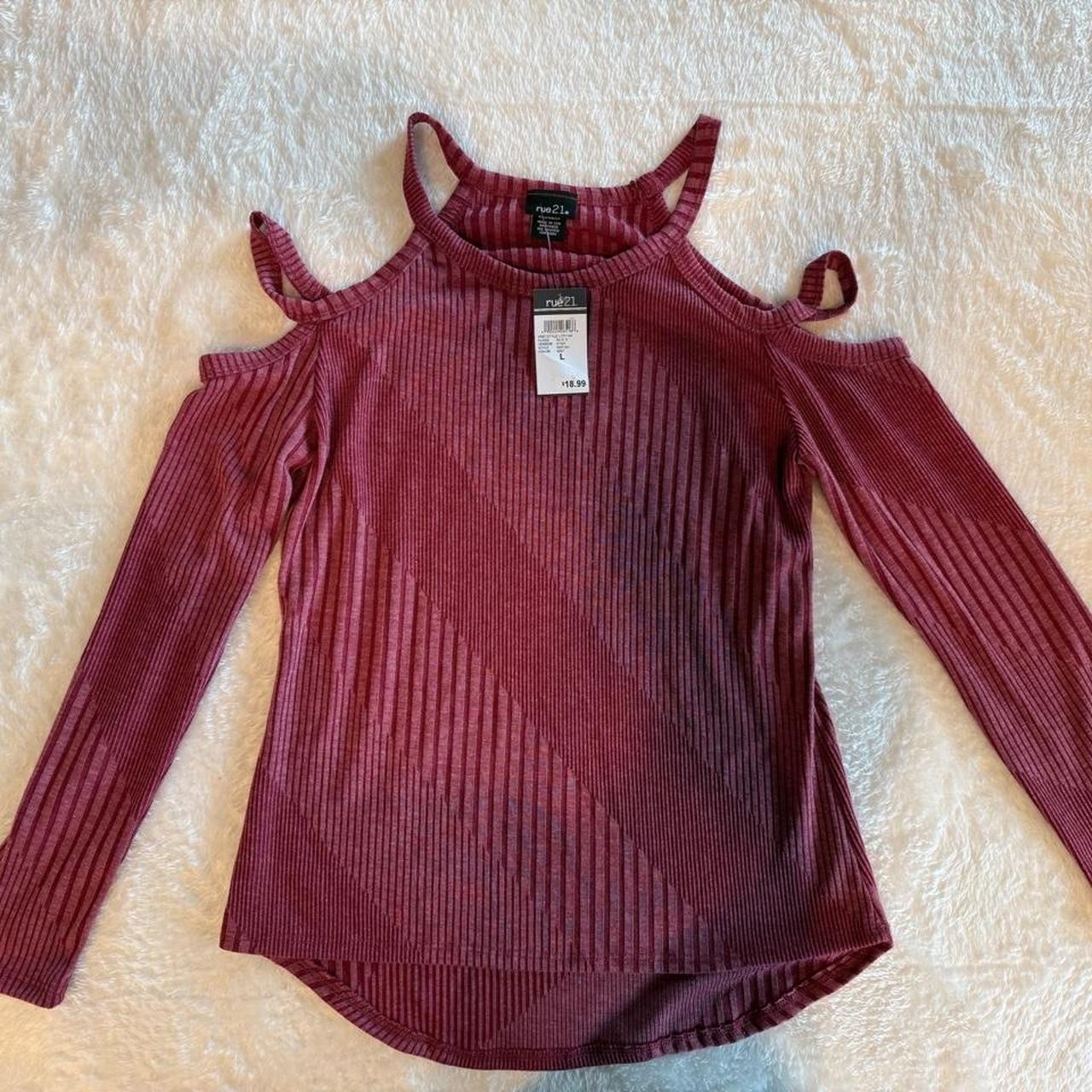 Rue 21 Women\'s Burgundy Cold Shoulder Ribbed Sweater, Size Large, New with Tags Rue 21 Women\'s Burgundy Cold Shoulder Ribbed Sweater, Size Large, New with Tags