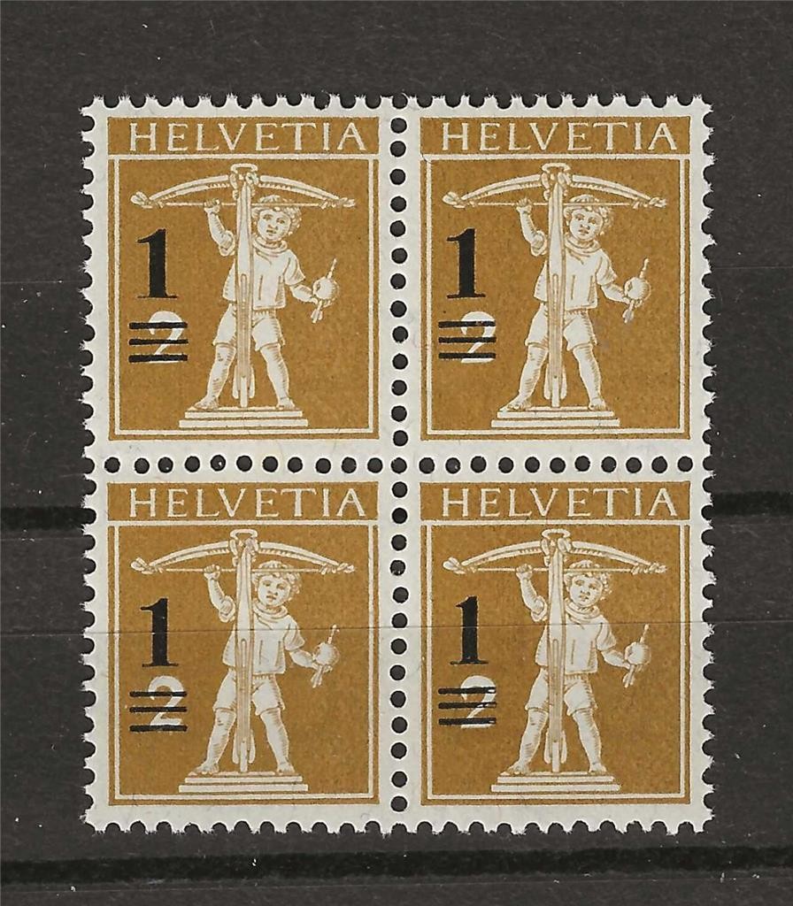 Switzerland 1915 Sc# 186 William Tell\'s Son surcharged 1c/2c block 4 MNH