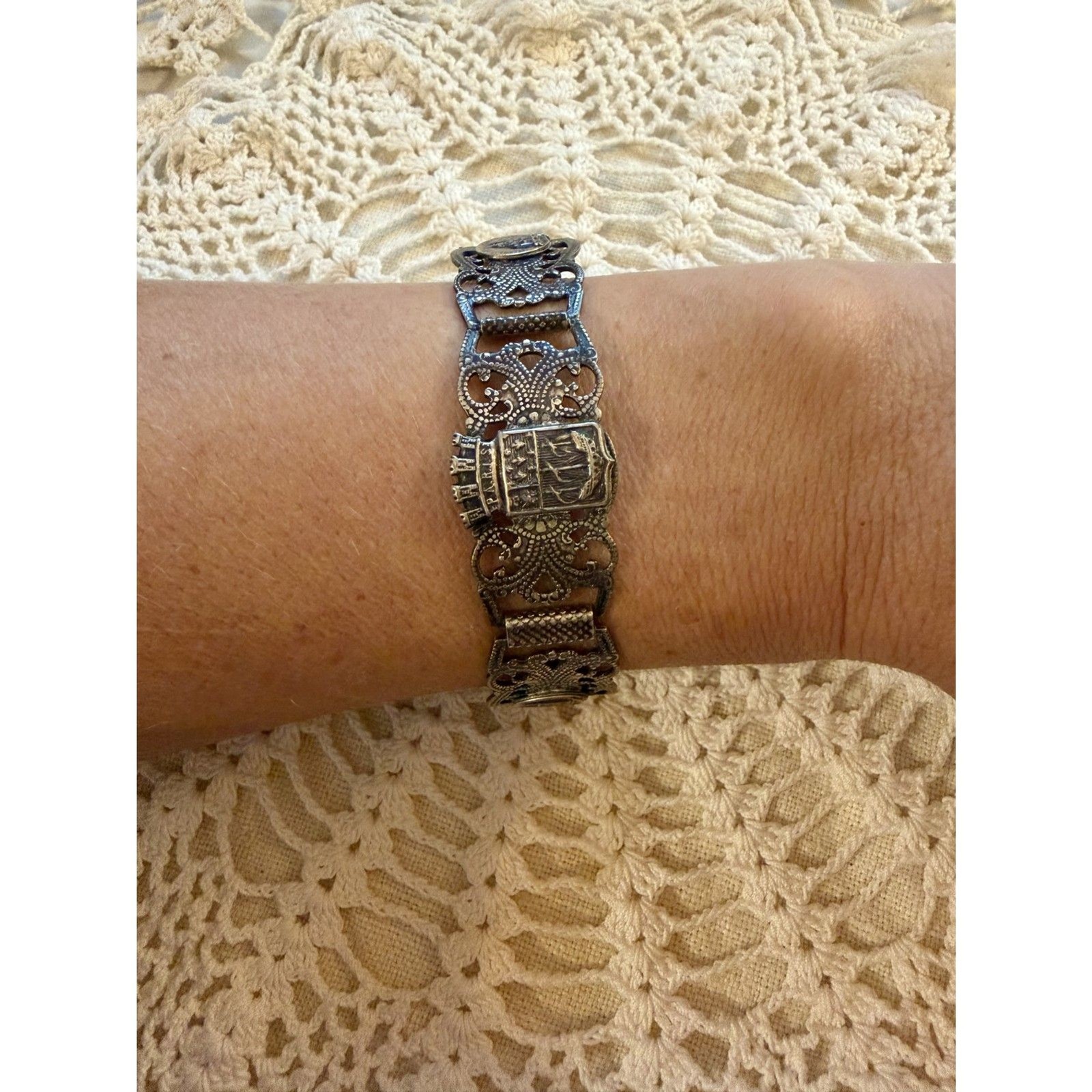 Antique 1920s French Silver Filigree Paris Monument Panel Bracelet Charm Patina