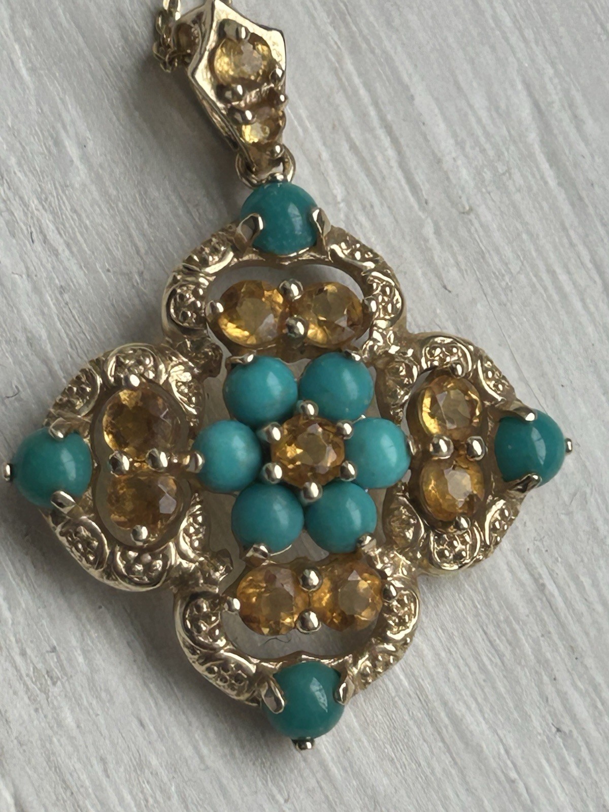 Antique Style 14k Pendant With Turquoise And Citrines Antique Style 14k Pendant With Turquoise And Citrines