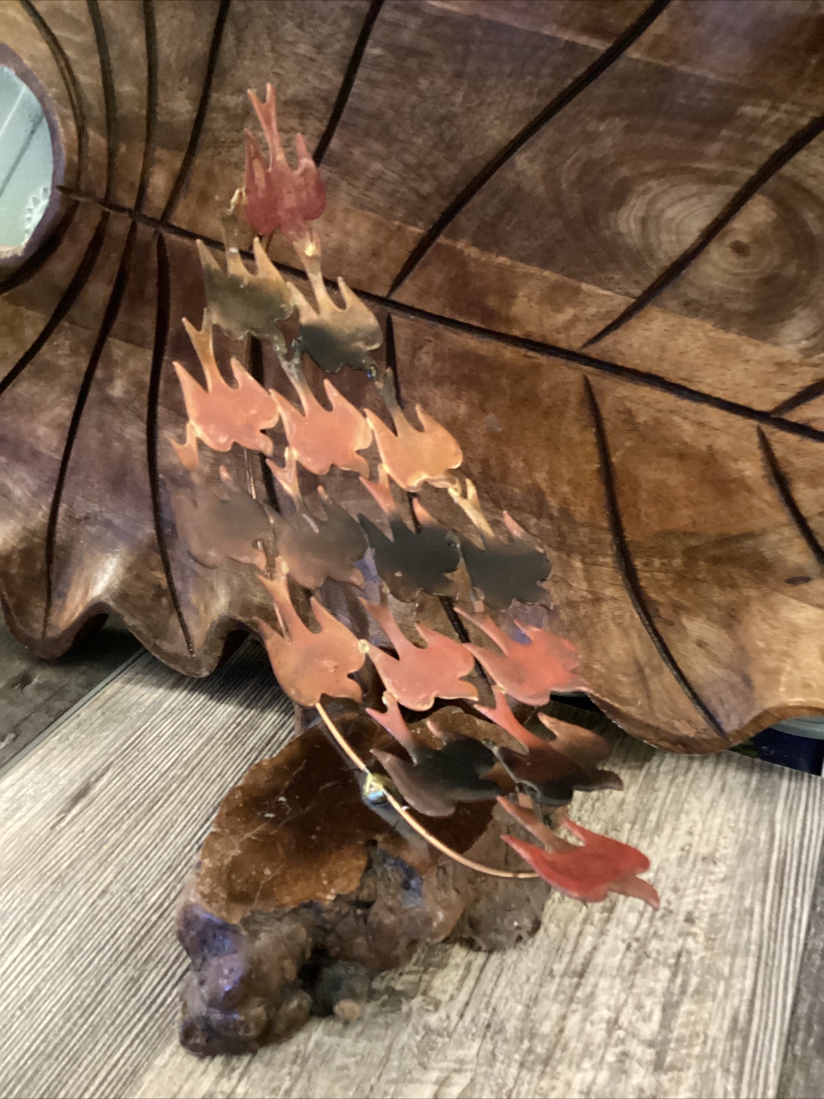 Vintage Art Birds In Flight - Copper On Wood MCM Look Wood Base Vintage Art Birds In Flight - Copper On Wood MCM Look Wood Base