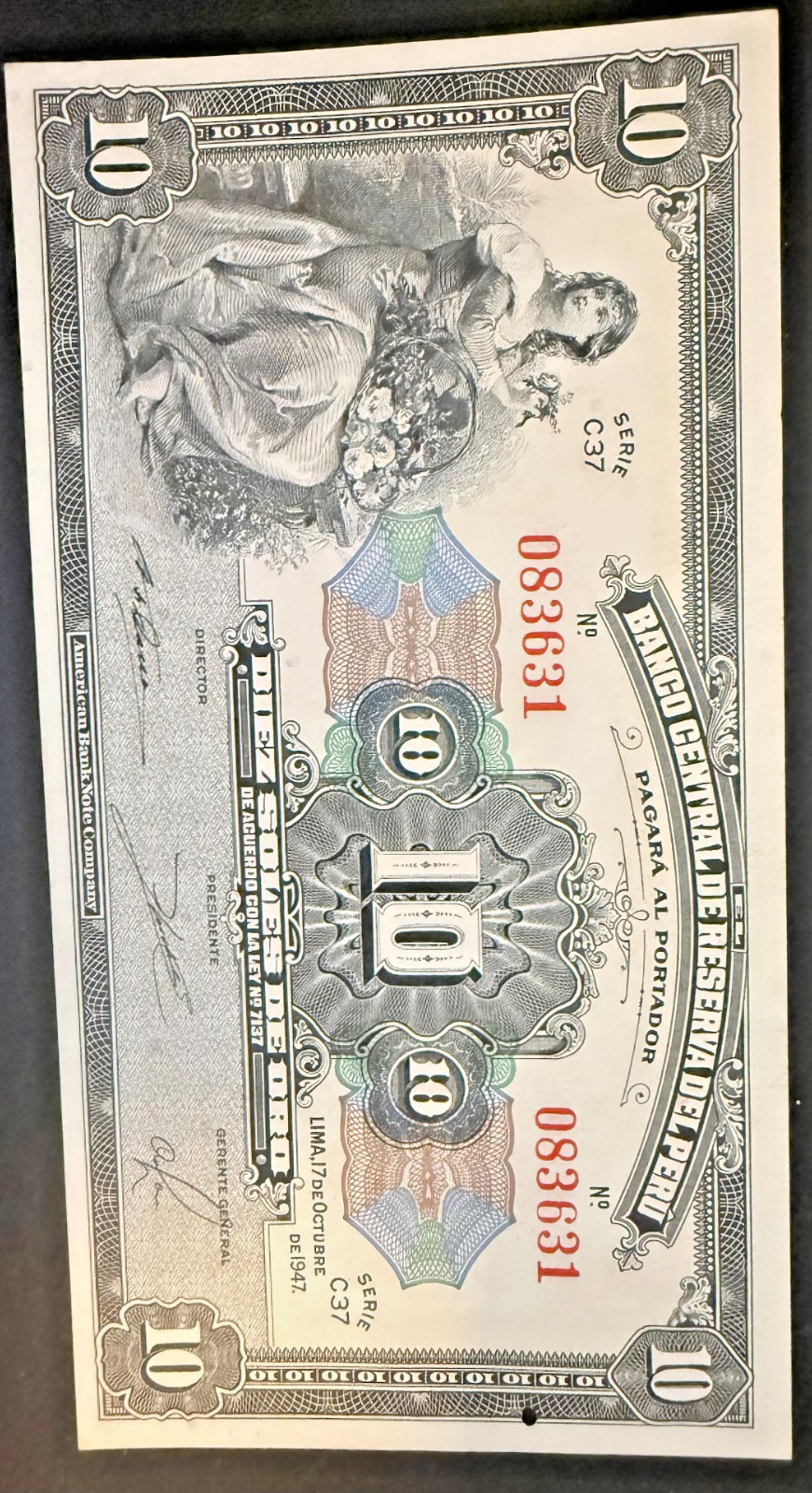 **RARE** 1947 Peru 10 Soles de Oro Note; Serie C UNC **RARE** 1947 Peru 10 Soles de Oro Note; Serie C UNC