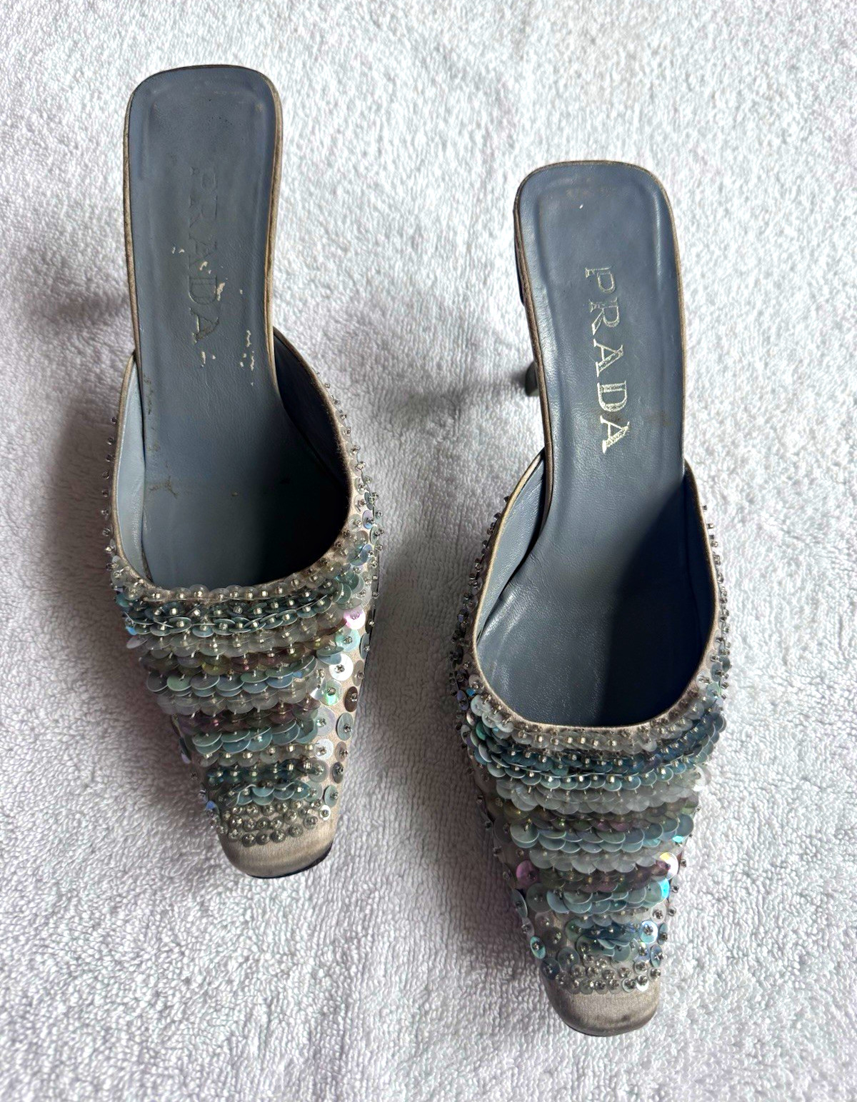 Vintage PRADA Women’s Silver Sequin Beaded Square Toe Kitten Heel Mules 36.5 Vintage PRADA Women’s Silver Sequin Beaded Square Toe Kitten Heel Mules 36.5
