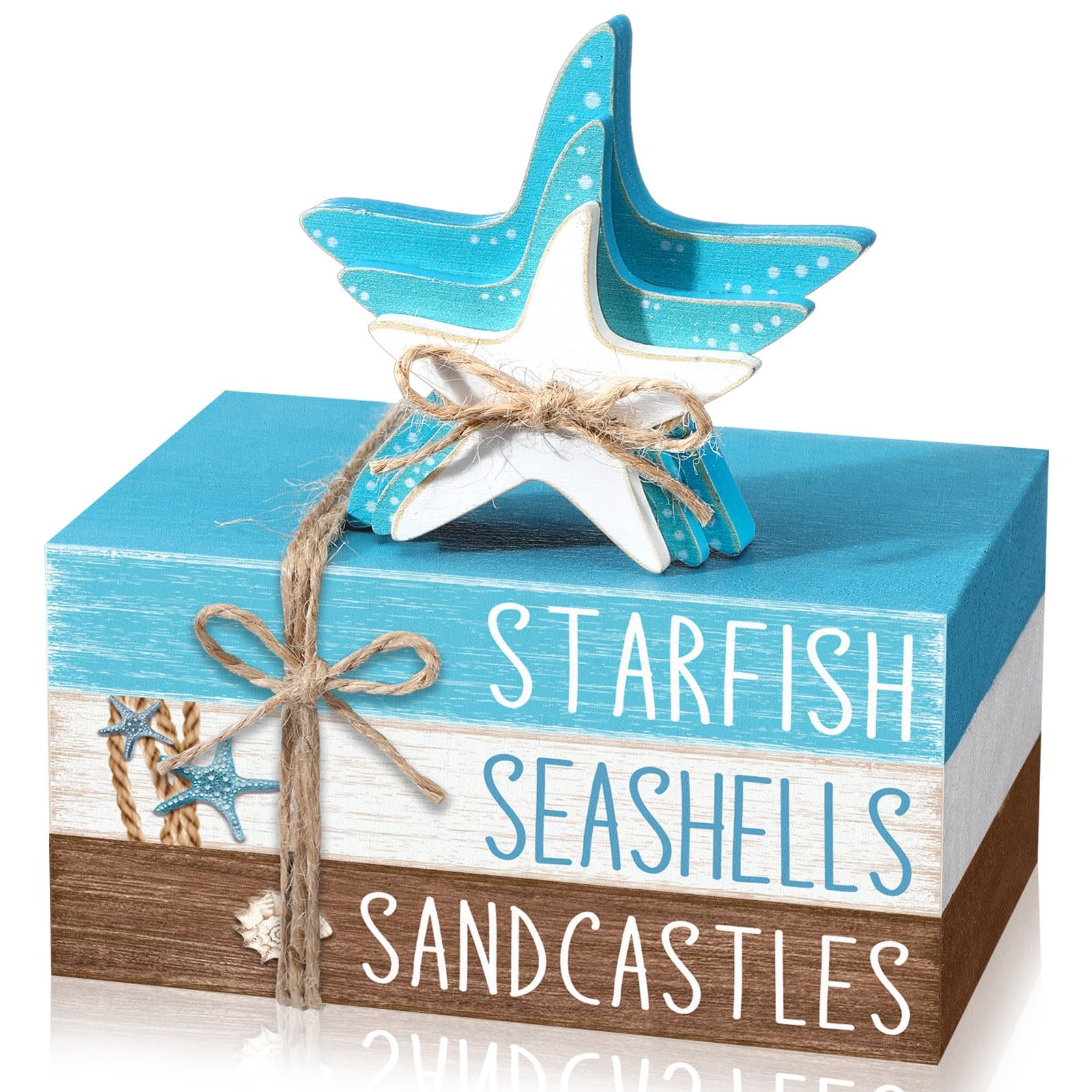Geelin 4 Pcs Summer Beach Tiered Tray Decor Wooden Book Stack Signs, Starfish Se