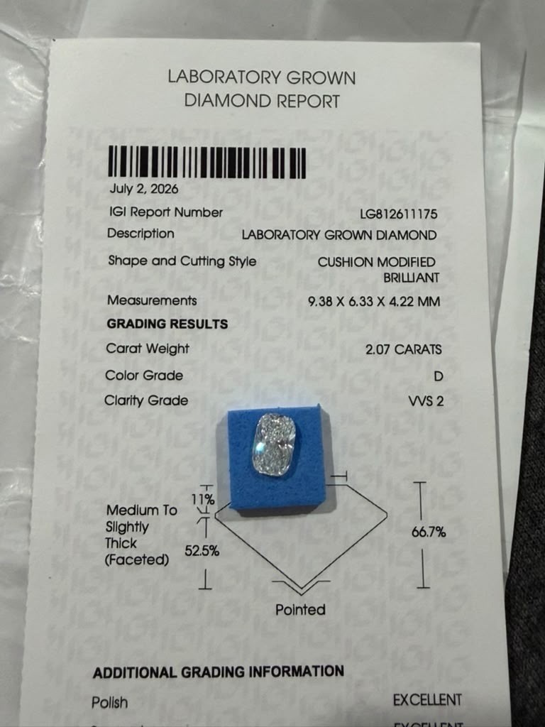 IGI Certified 2.07ct Elongated Cushion Lab Grown Diamond D Color VVS2 Clarity IGI Certified 2.07ct Elongated Cushion Lab Grown Diamond D Color VVS2 Clarity