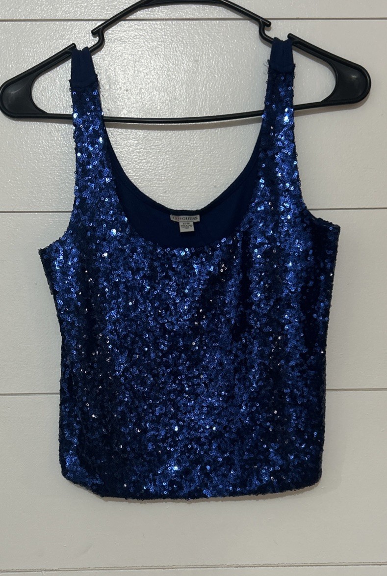 Guess Blue Women\'s Sequin Tank Top Size Medium Party Vegas Hollywood Guess Blue Women\'s Sequin Tank Top Size Medium Party Vegas Hollywood