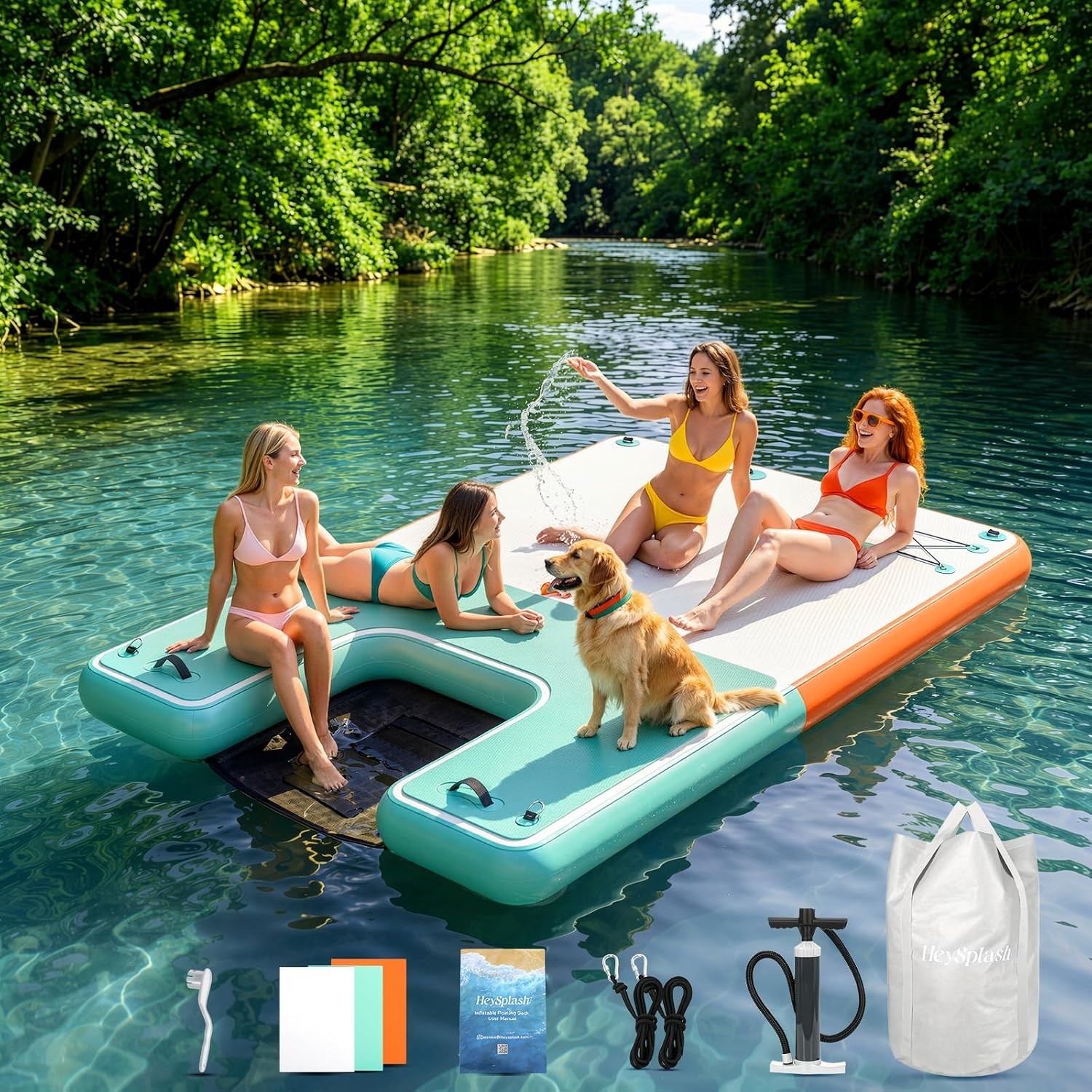 Inflatable Floating Dock, 8×6Ft Floating Docks with Anti-Slip Surface Water Acce