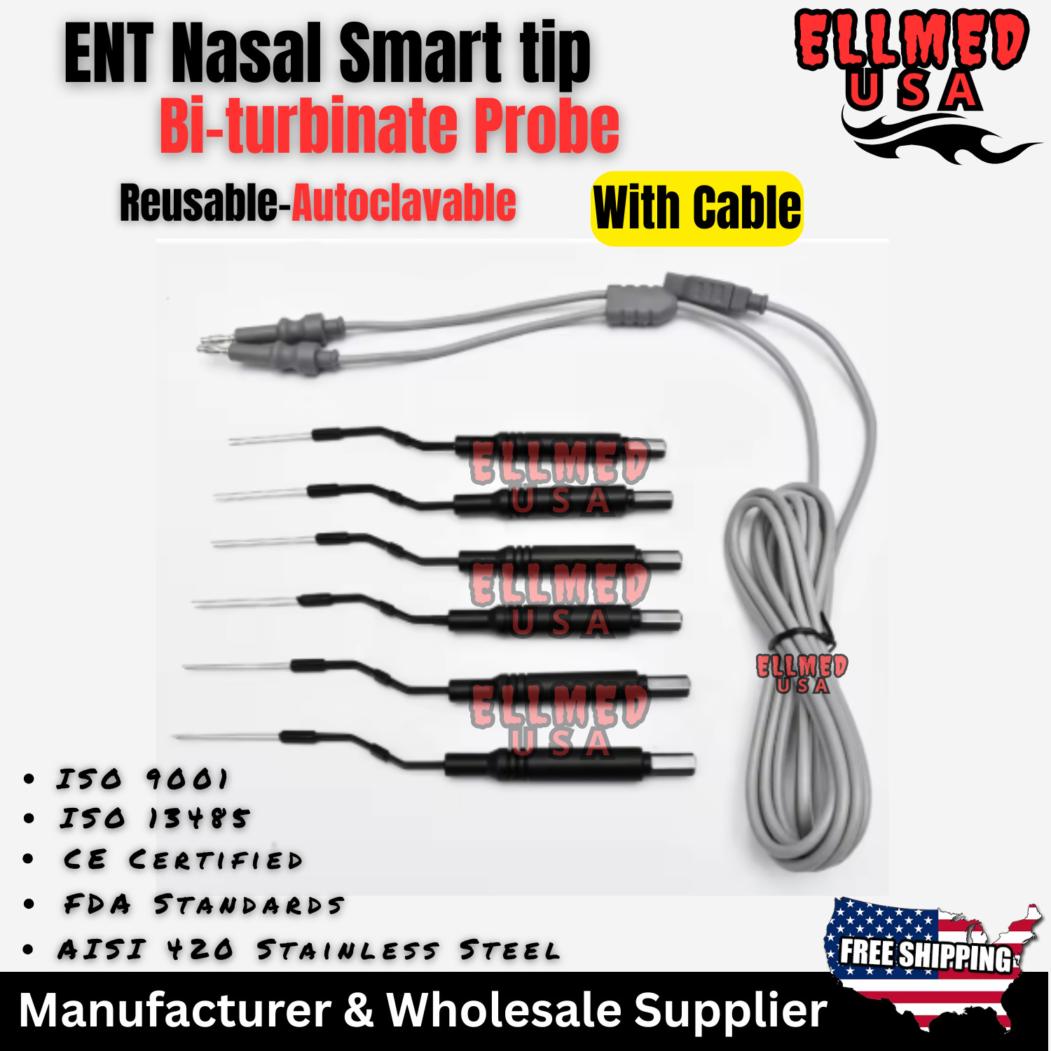 Electrosurgical ENT Nasal Bi-Turbinate Probe 17.5cm 6 Pcs With Cable Top Quality