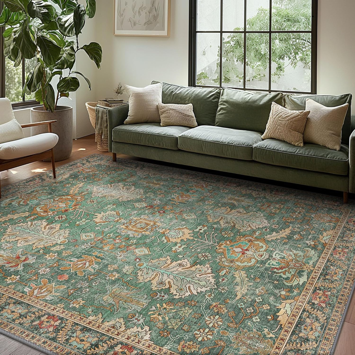 8x10 Washable Area Rug Green Boho Vintage Non Slip Low Pile Carpet