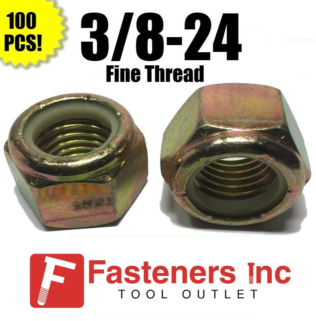 (Qty 100) 3/8-24 Fine Grade 8 Nylon Insert Lock Nuts Nylock Yellow Zinc Plated