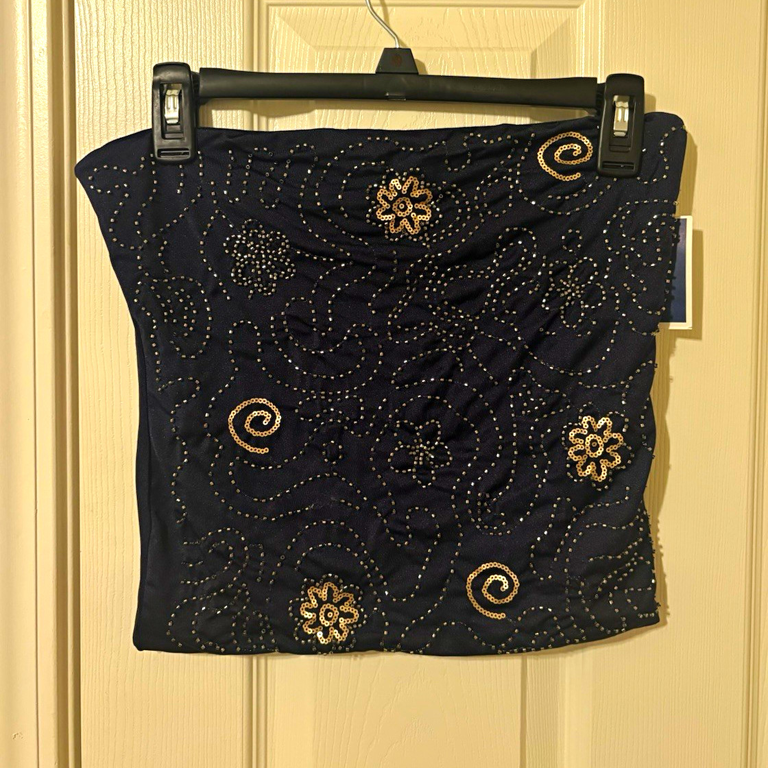Black Floral Beaded Knit Mini Tube Top Stretch Pull-On Size M