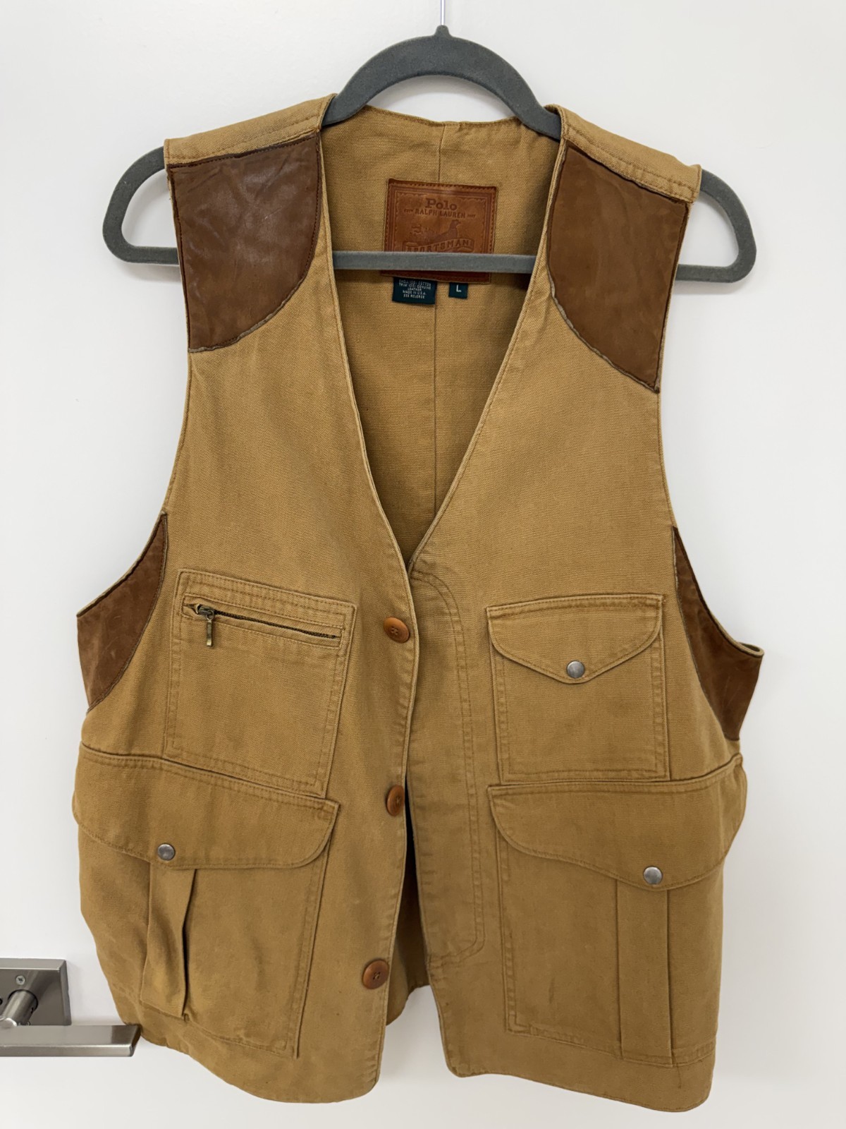 Vintage Polo Ralph Lauren Sportsman Canvas & Leather Hunting Vest Mens L USA