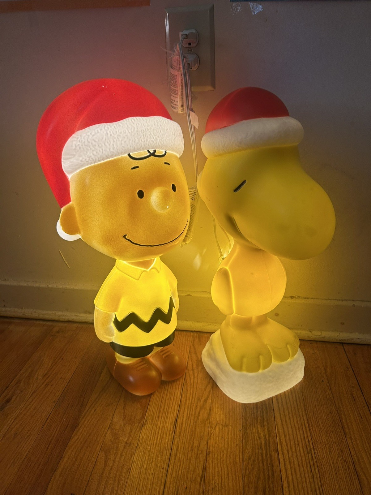 Blow Mold Decor Woodstock And Charlie Brown with Santa Hat 22 in NEW