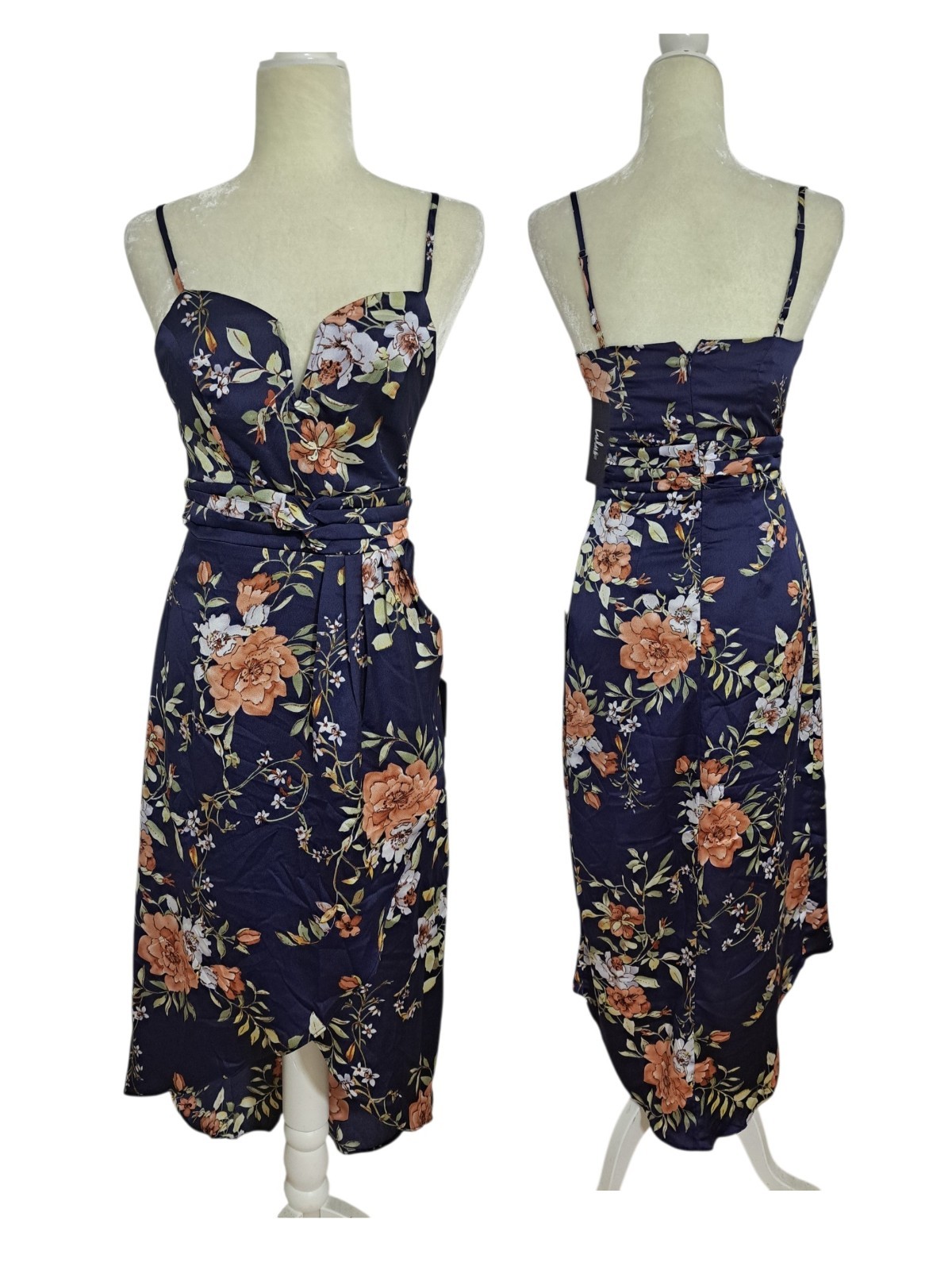 Lulus Women’s My Favorite Day Navy Blue Floral Print Tulip Midi Dress Size S Lulus Women’s My Favorite Day Navy Blue Floral Print Tulip Midi Dress Size S