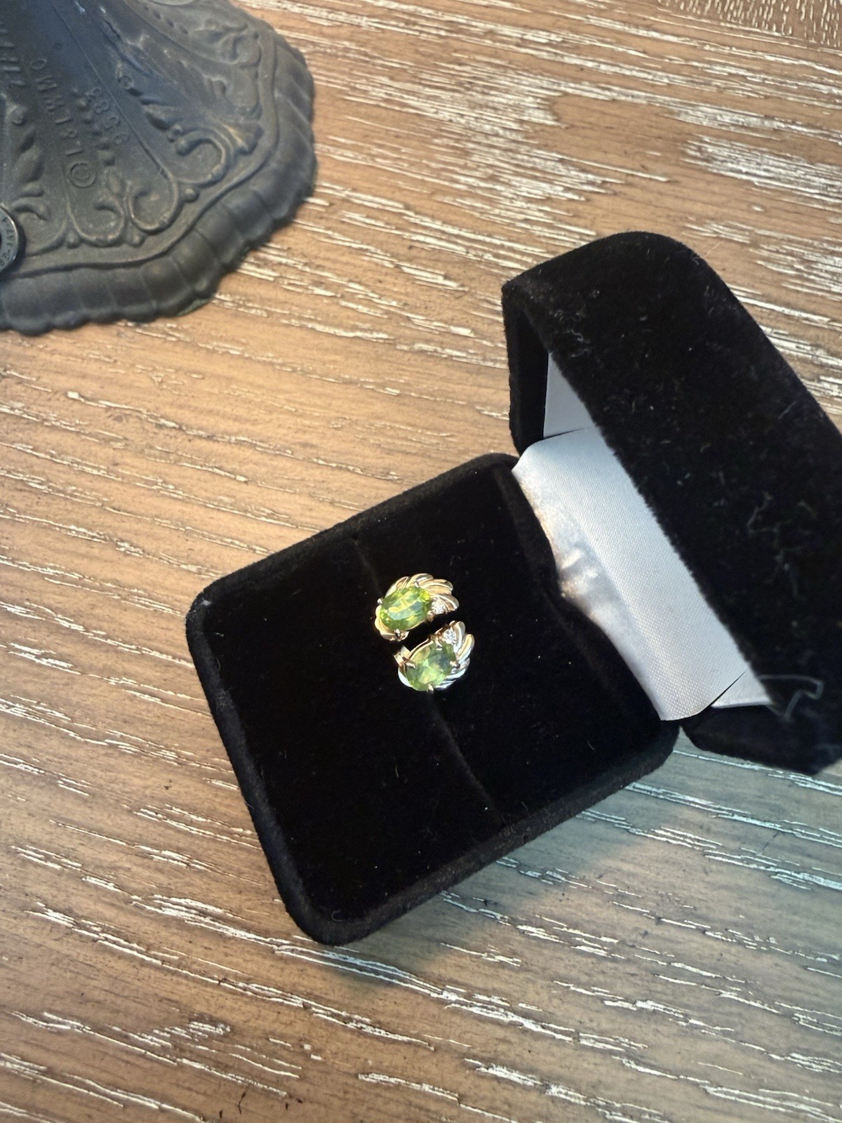 Vintage-style 14K solid gold green peridot and diamond stud earrings