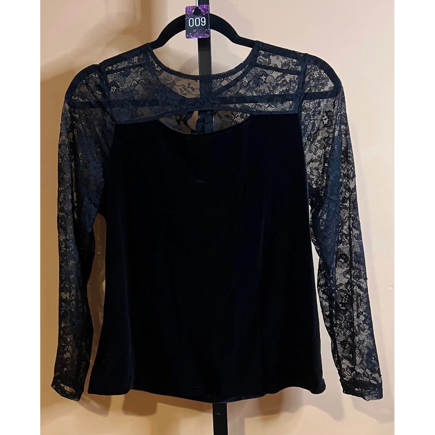 SHEIN Curve Black Velvet Lace Long Sleeve Top Blouse 0XL Keyhole Back