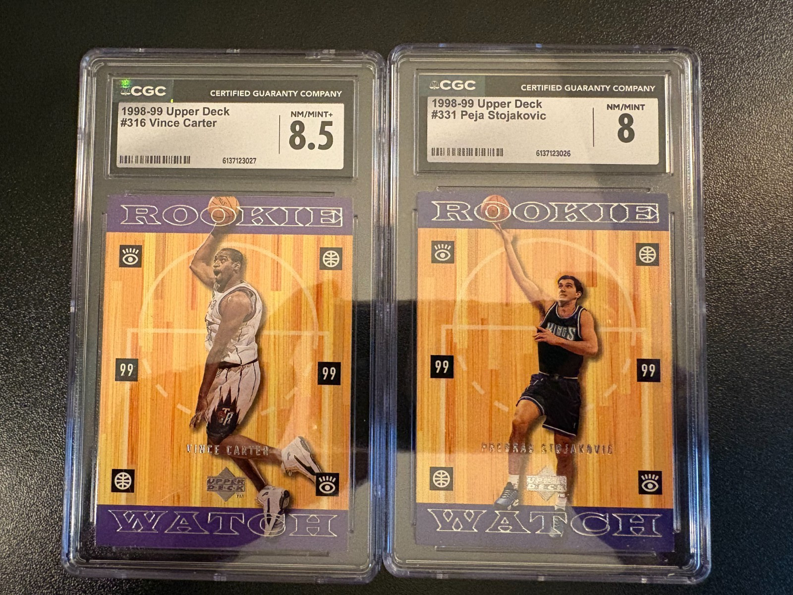1998-99 UPPER DECK CGC 8.5 & 8 ROOKIE WATCH VINCE CARTER & PEJA STOJAKOVIC 1998-99 UPPER DECK CGC 8.5 & 8 ROOKIE WATCH VINCE CARTER & PEJA STOJAKOVIC