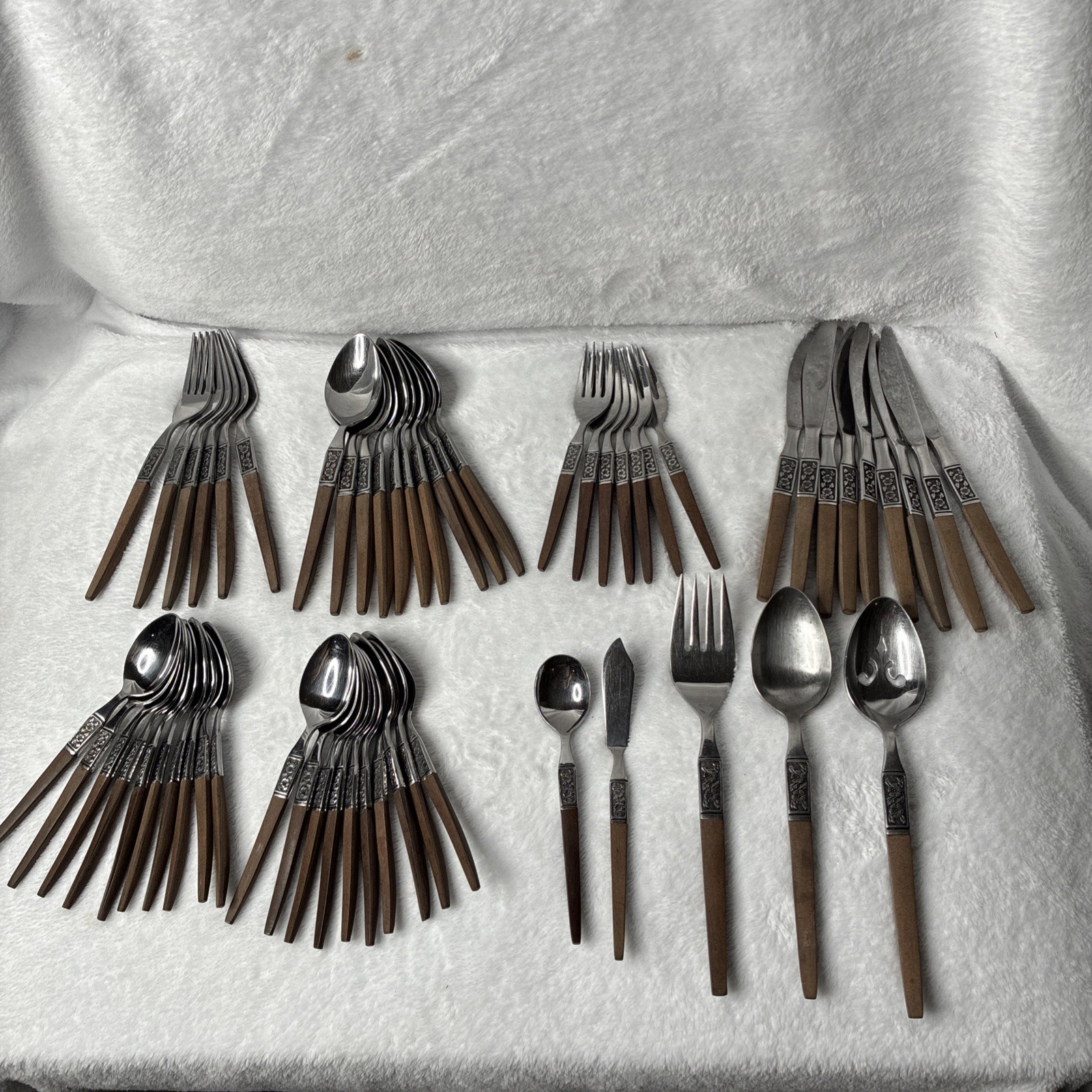 Vintage EKCO Eterna EKS14 57 Pc Flatware Set Brown Handle MCM Japan Serving
