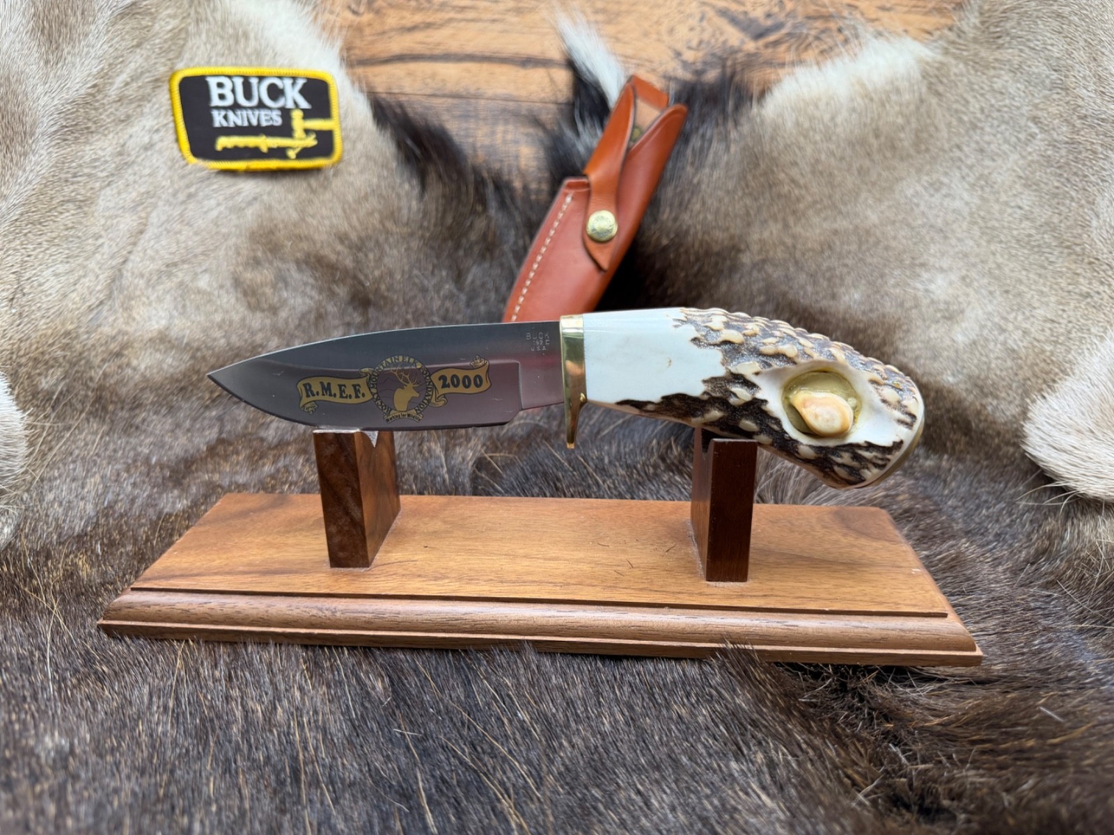 Buck RMEF Knife Elk Stag Special Fixed Blade Knife with Leather Sheath Mint Rare