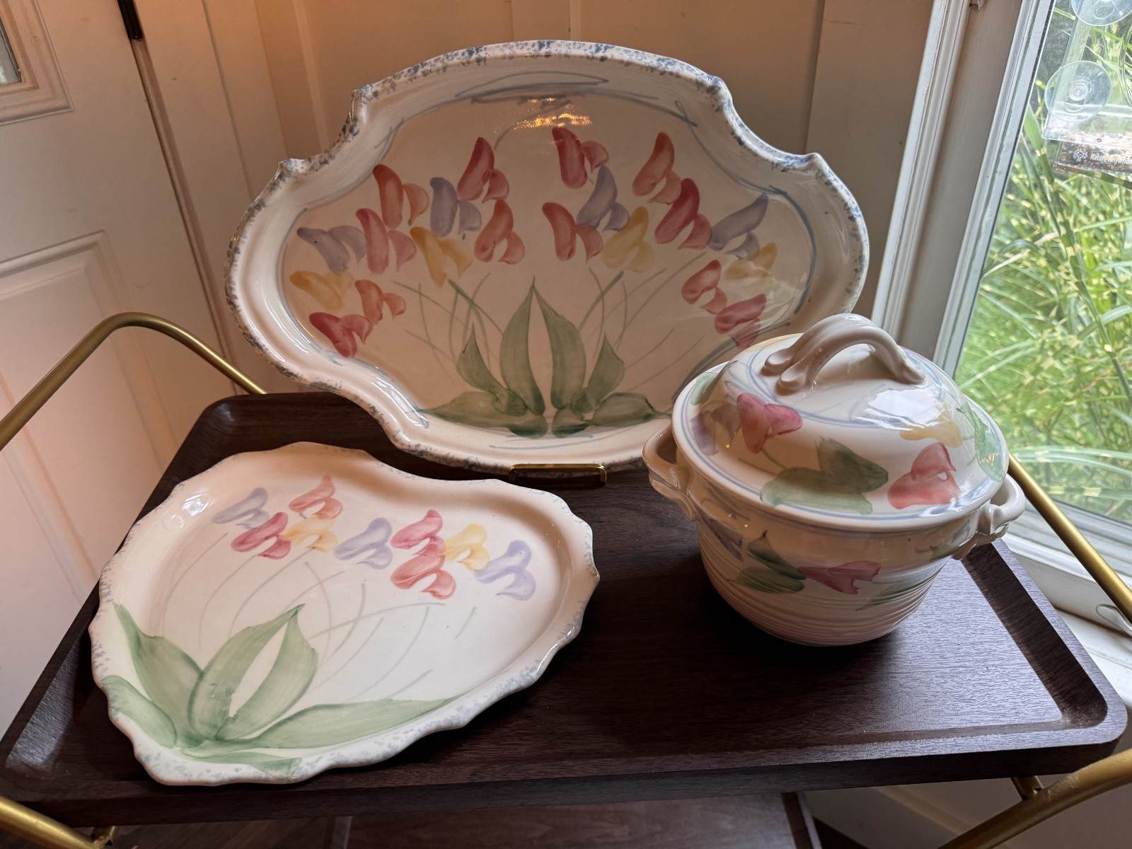 CHERI Signed Studio Art Pottery 3 Pc Floral Platter Covered Casserole Set