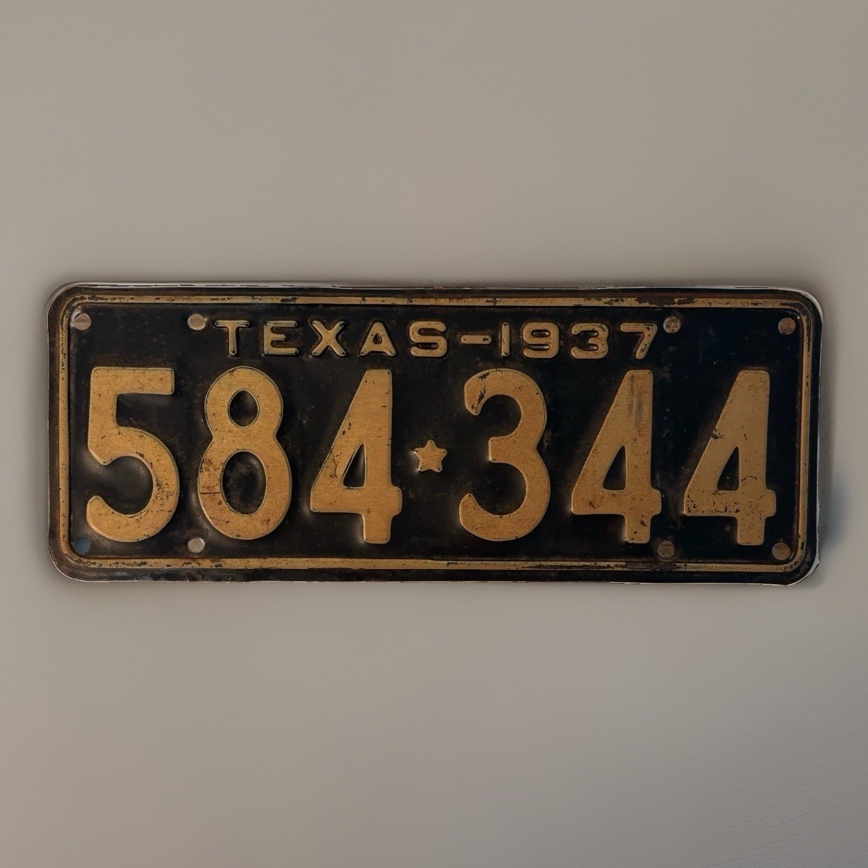 Vintage 1937 Texas License Plate 584-344 Original Paint Antique Passenger Tag