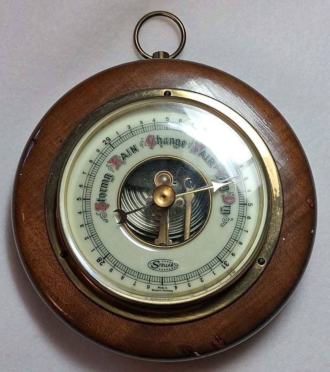 Vintage Stellar Aneroid Wall Barometer Wood Brass West Germany Tested Working 