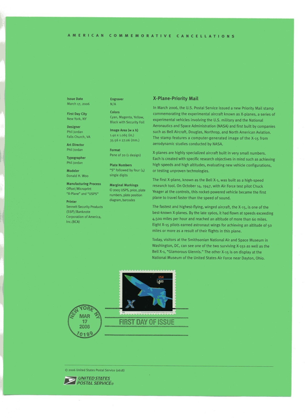 TWO 2006 SOUVENIR PAGES WITH FIRST DAY CANCELS $4.05 & $14.40 X-PLANE TWO 2006 SOUVENIR PAGES WITH FIRST DAY CANCELS $4.05 & $14.40 X-PLANE