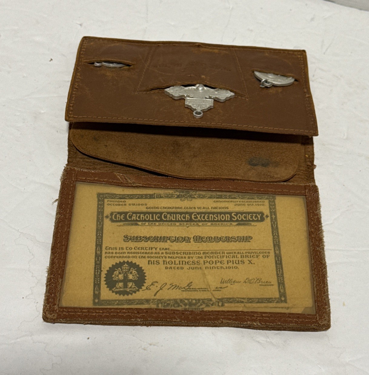 Antique Catholic Church Extension Society 1918 Holder Card & Medallions READ DES