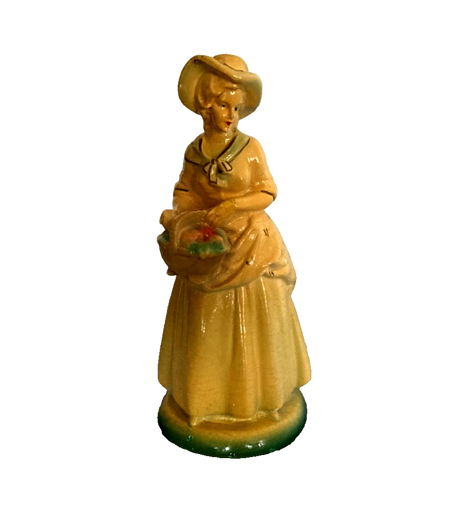 Roman Art Co Robia Ware Chalkware Lady with Basket of Fruits Figurine USA 1940s