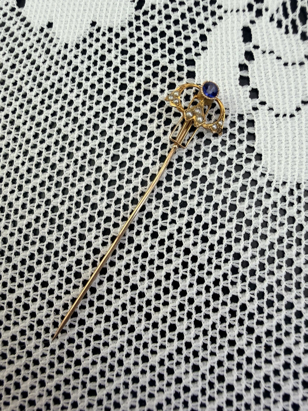 Antique Edwardian 10K Gold Sapphire Seed Pearl Crown Tiara Stick Pin 2.5”