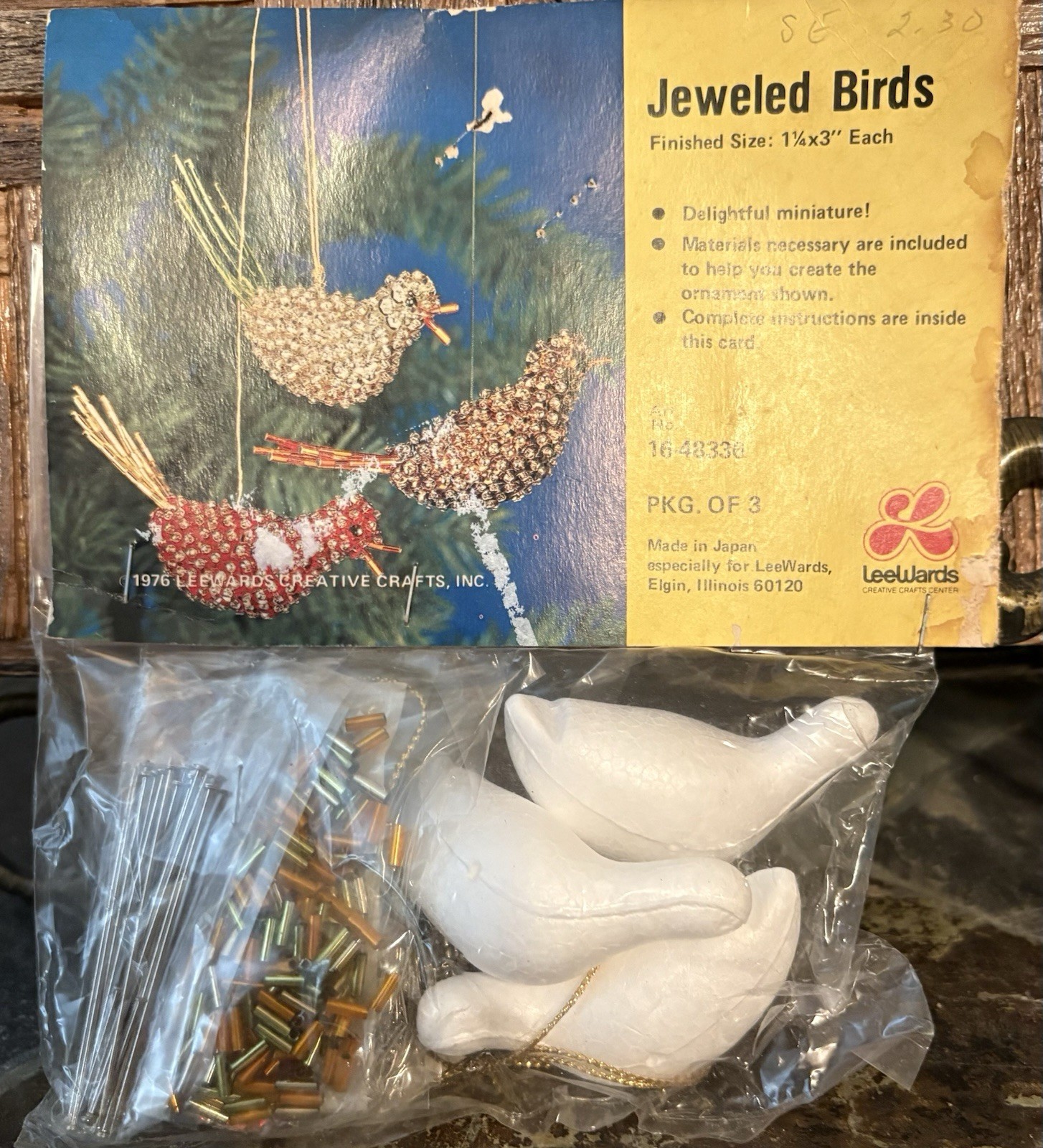 1976 LeeWards Jeweled Birds Christmas Ornament Craft Kit Sequin Bead 3 Pk Japan