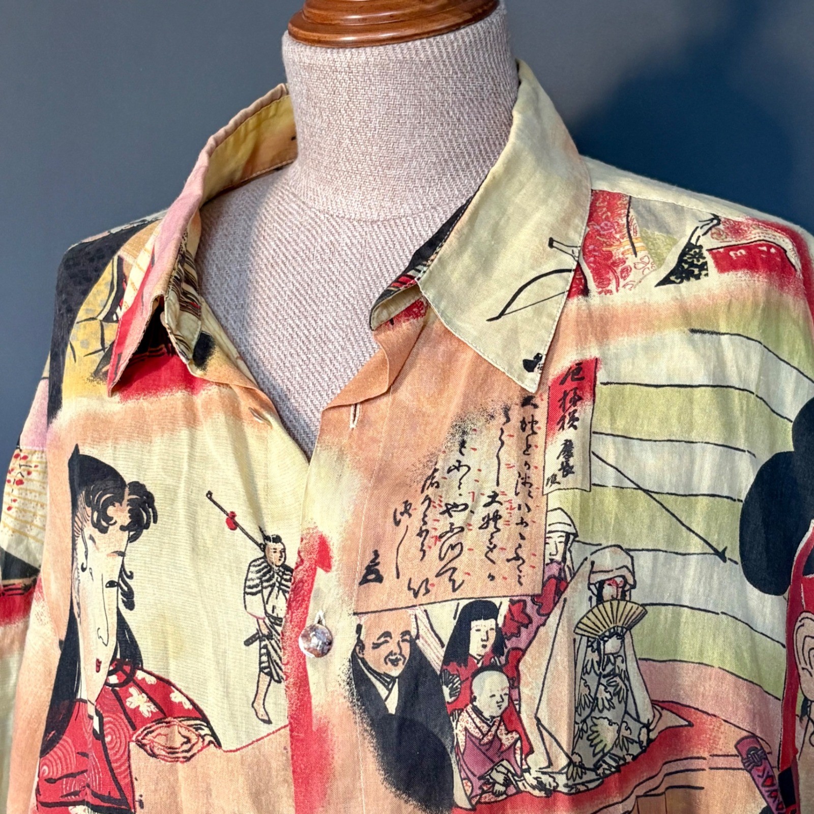 Vintage Citron Santa Monica Linen Geisha Art Shirt | Capiz Buttons | Size Large