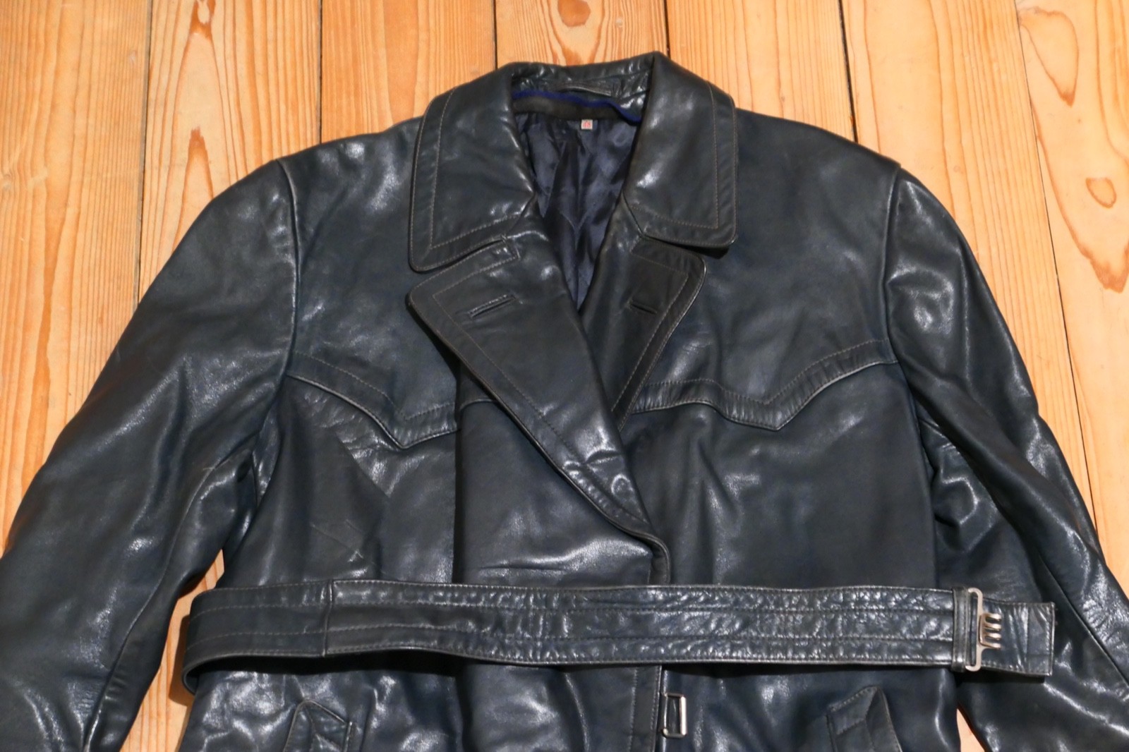 1960s German Belted Motorcycle Horsehide Leather Coat Deep Blue M-L