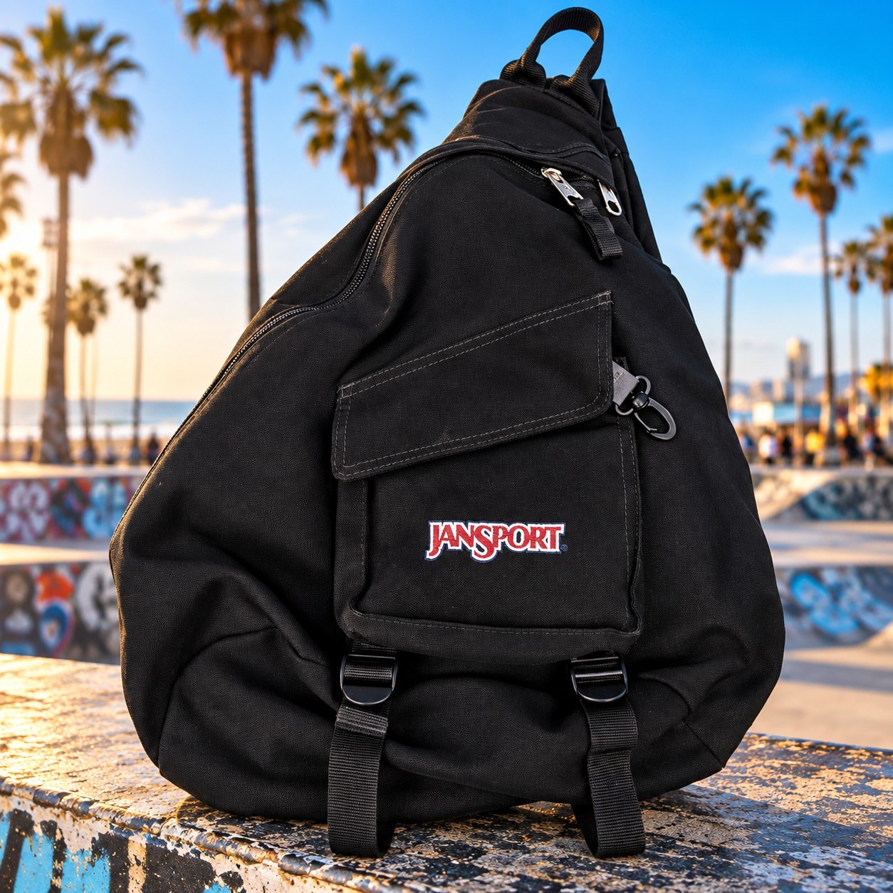 Vintage JanSport Black Sling Backpack Y2K Single Strap Crossbody Shoulder Bag