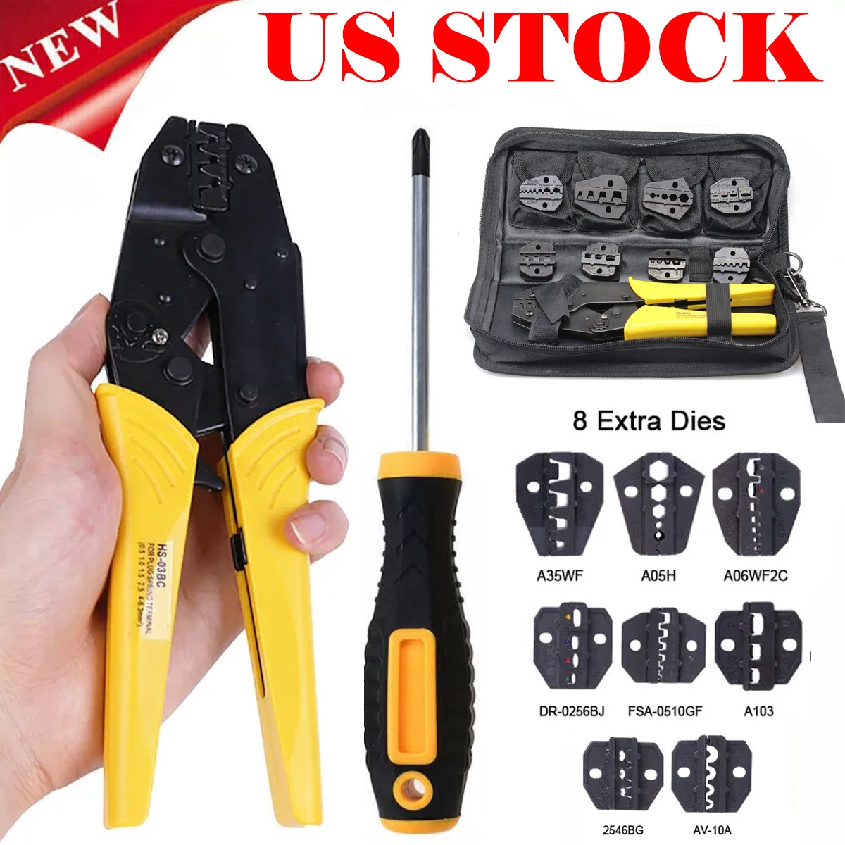 Ratcheting Crimping Tool Kit Cord End Terminals Wire Crimper Pliers w/ 8 Dies