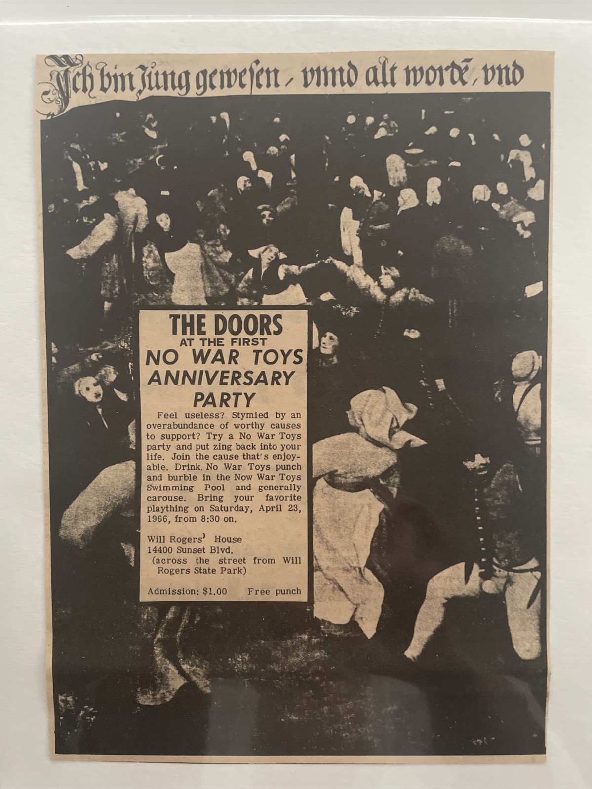 1966 THE DOORS , No War Toys Benefit, WILL ROGERS HOUSE L.A. , Concert Ad