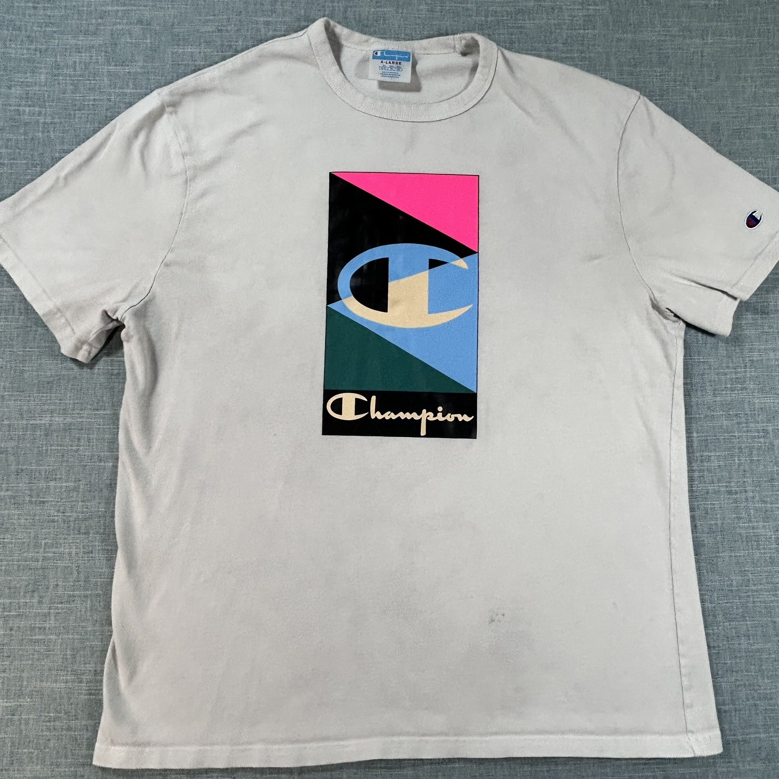 VTG Champion T-Shirt X Large White Graphic Pink Blue and Green Front Logo Hit