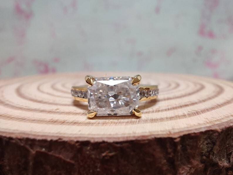 East West 2.20 CTW Radiant Cut Channel Set Pave Moissanite Engagement Ring Women